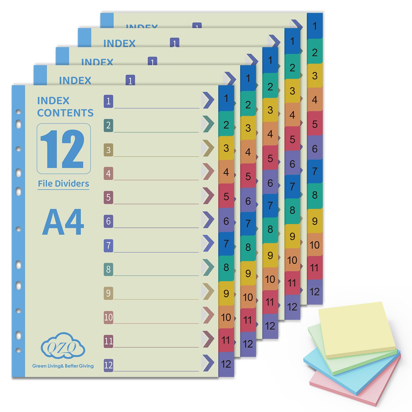 QZQ 12part File Dividers A4-5pack Folder Dividers Assorted Multi-Colours Binder Dividers Wide Tabs Index Divider, Plastic Folder A4 Pre Punched Lever Arch Subject Dividers for Office School Home