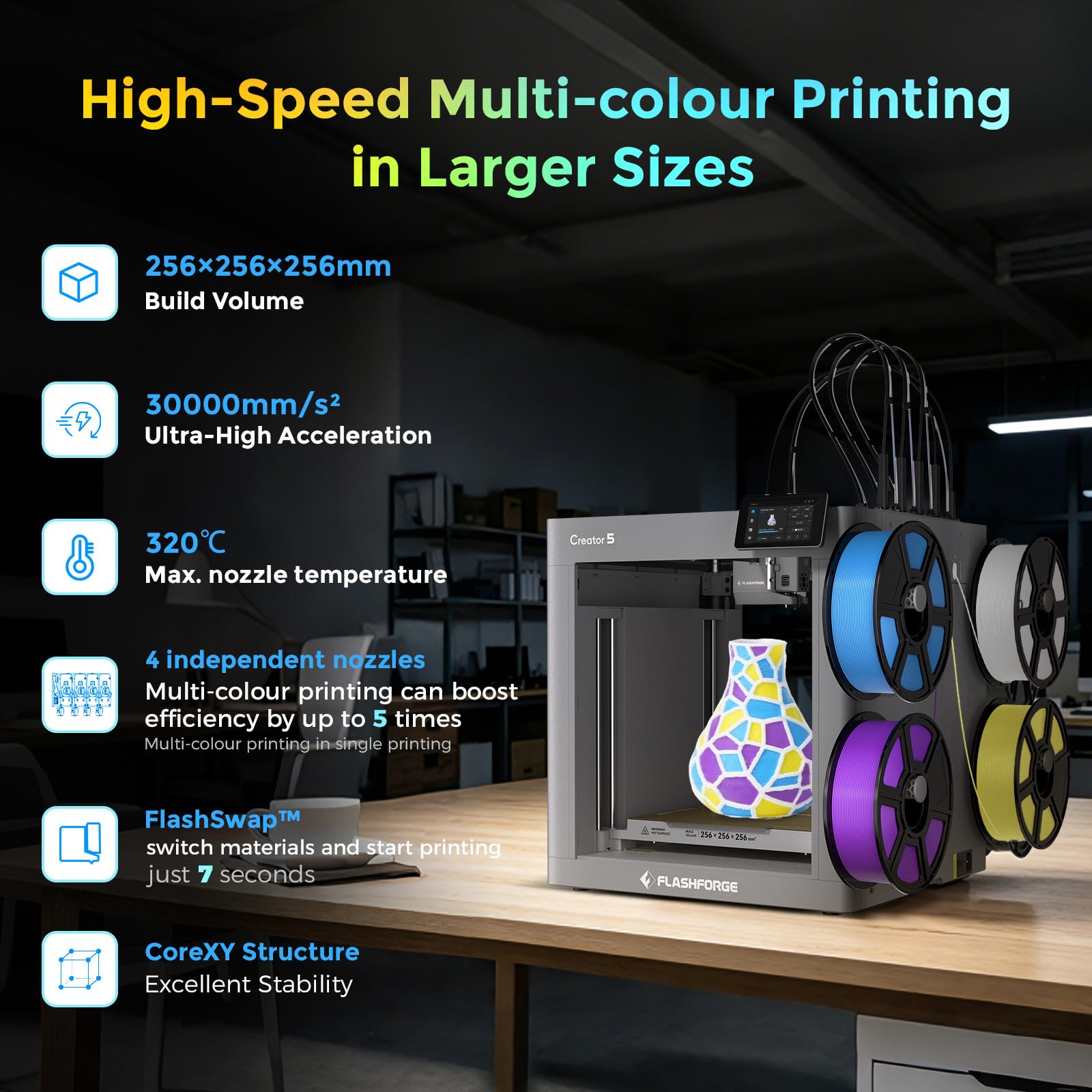 Flashforge Creator 5 Mehrfarben-3D-Drucker mit 4 unabhängigen Druckköpfen, Multi-Material-3D-Drucker mit vollautomatischer Kalibrierung und Nivellierung, maximale Geschwindigkeit: 600 mm/s