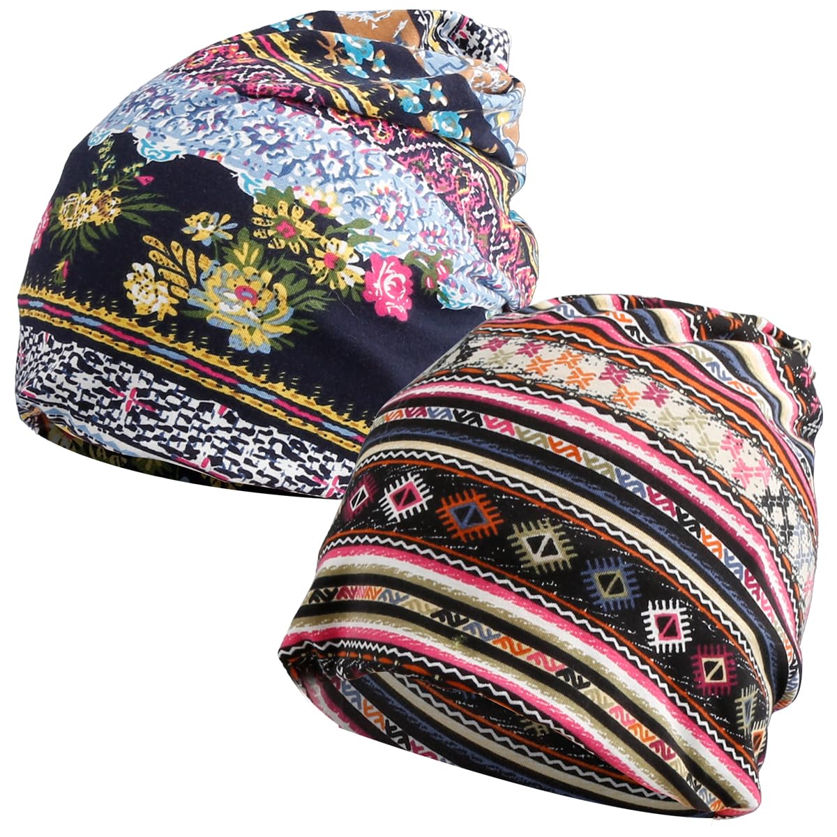 VanyibroEthnic Style Women's Skullies & Beanies,2PCS Geometric Pattern Hats for Fashionable and Functional Headwear Pink, Blue