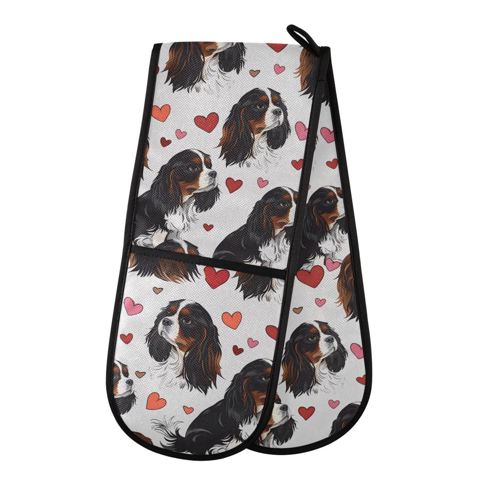 Double Oven Gloves Cute Cavalier King Charles Dog Heart Heat Resistant Pot Holder Oven Mitt Gloves for BBQ Cooking Baking Grilling Microwave