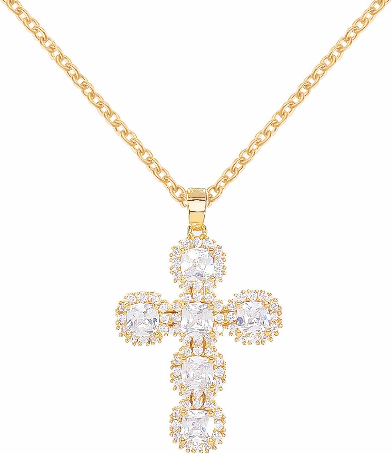 Chunky Gold Diamond Cross Necklace for Women Men, Gold Plated Big Large Cross Charm Cubic Zirconia Necklace Religious Faith Jewelry Gift for Birthday Christmas