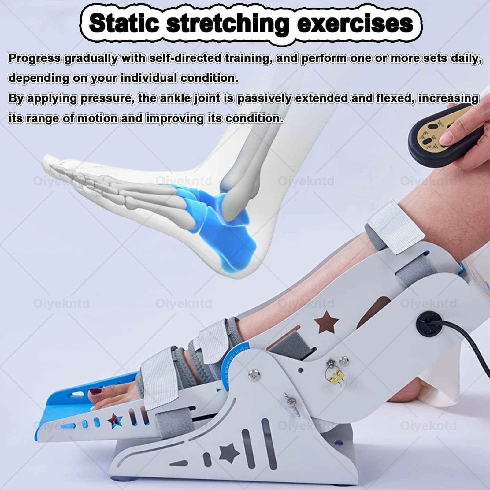 Entrenador eléctrico de tobillo, equipo de rehabilitación para pie caído, con control remoto, entrenamiento bidireccional de dorsiflexión y flexión-extensión, ángulo ajustable de 9 velocidades