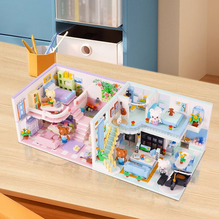 おもちゃの家とキャラクター小物セット Amazon.co.jp: Hallisun ブロックセット 熊さん 青い部屋模型 組み立て