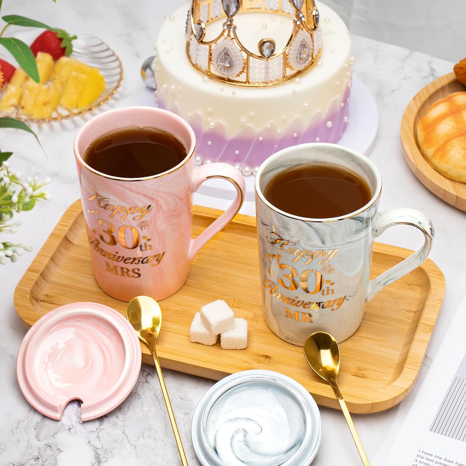 30th Anniversary Wedding Gifts, Pearl Anniversary Wedding Gift 2PCS Happy 30th Weddin-g Anniversar-y Mr Mrs Gift Marble Ceramic Cup Set 14oz, 30t-h Anniversar-y Couple Gifts for Parents, with Giftbox - Image 5