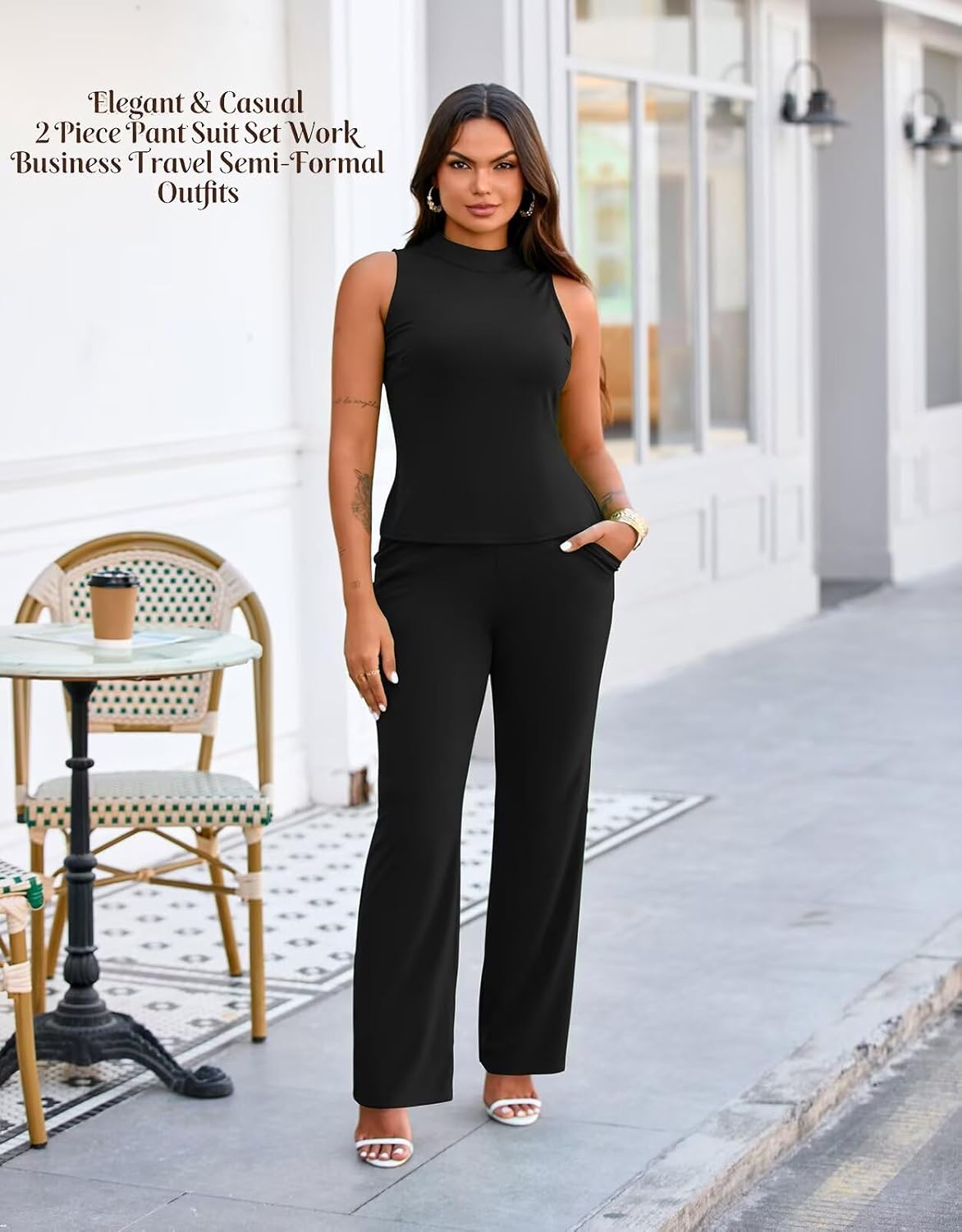 acelyn Elegant Women's 2 Piece Outfits Sleeveless Slit Mock Neck Top Wide Leg Pant Suits Set Work Business Pantsuit Black