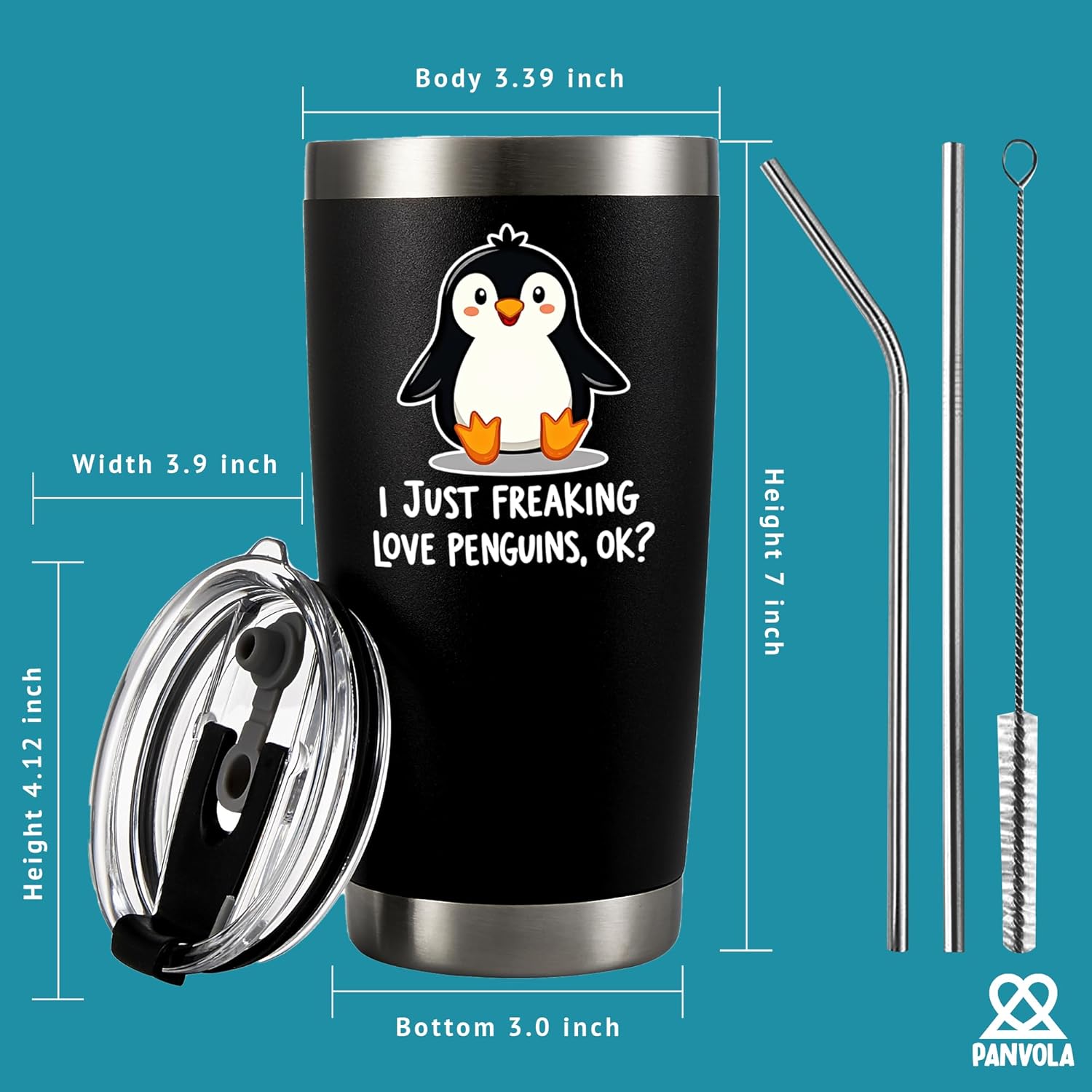 Panvola I Just Freaking Love Penguins Ok? Penguin Lovers Gifts For Women Men Water Animal Lovers Vacuum Insulated Stainless Steel Tumbler with Removable Lid and Straw 20 oz Black - Image 5