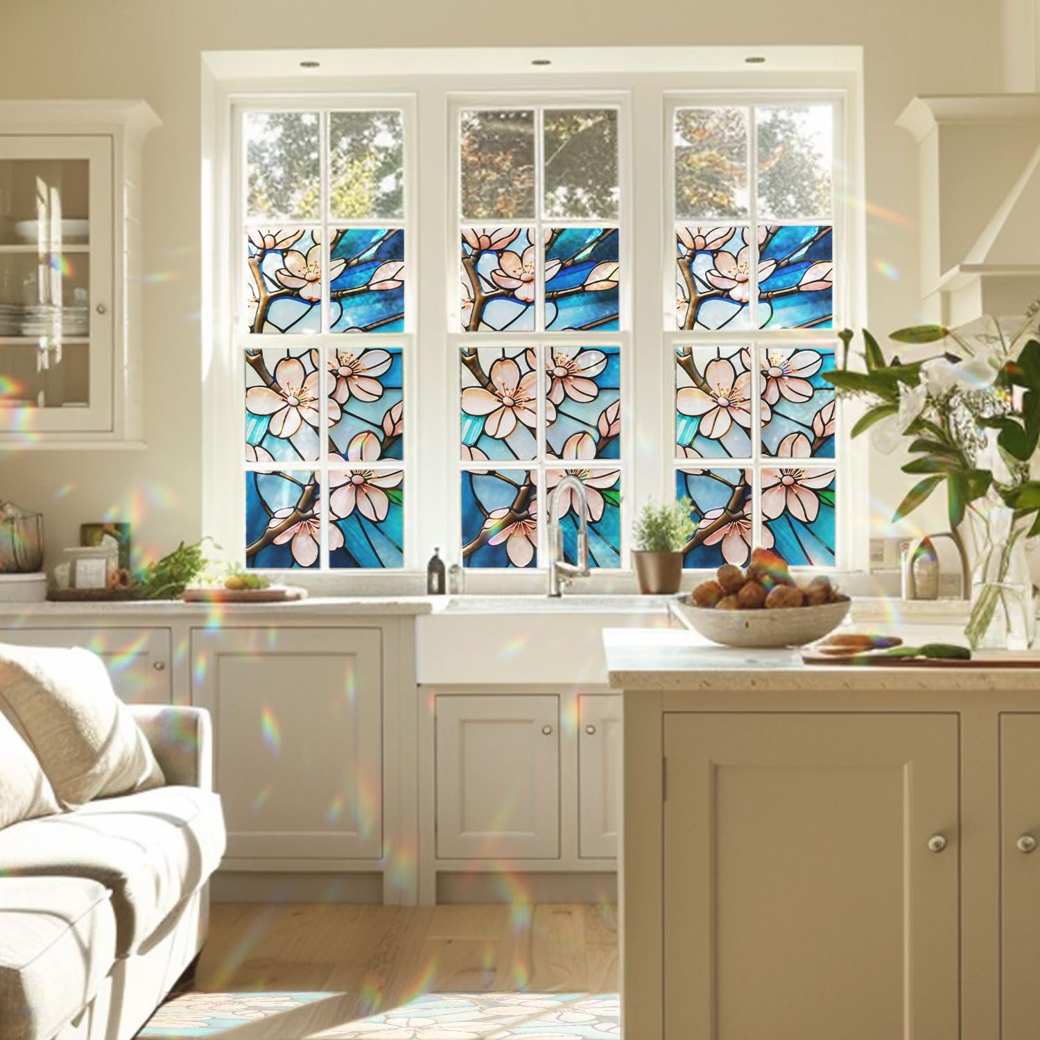 Cherry Blossom Dancing in The Wind Stained Glass Window Film, Flower Stained Glass Window Film for Bathroom Door Heat Anti UV