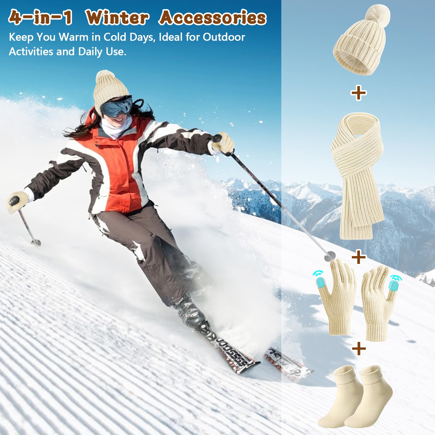 Ensemble Bonnet Echarpe Gant, 4pcs Ensemble Bonnet Echarpe Femme avec Gants Écran Tactile et Chaussettes Thermiques, Tricoter Bonnet Femme Hiver Pompom Coffret Cadeau pour Femme Sports Plein Air Hiver