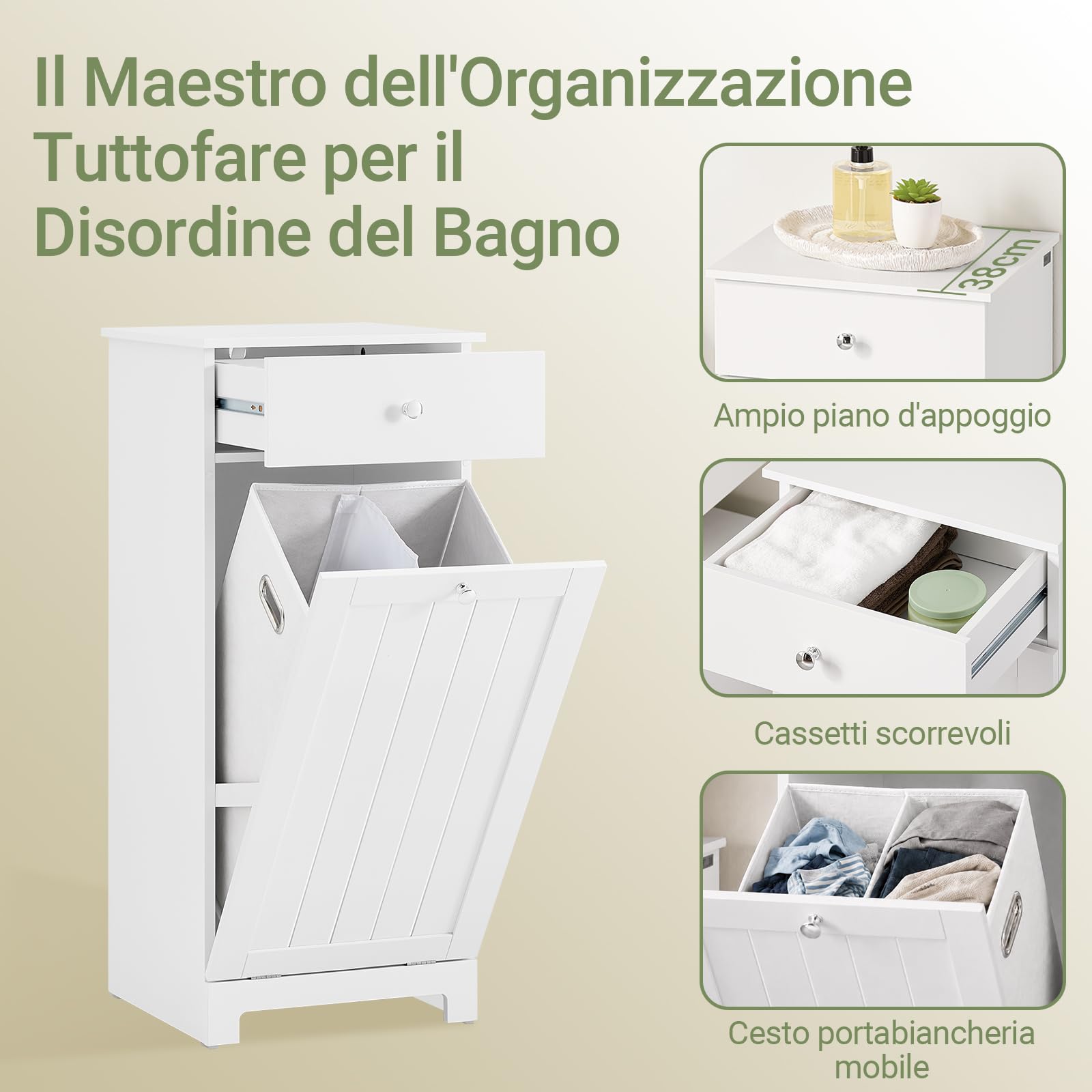 SoBuy Mobiletto Bagno Salvaspazio con Cassetto e Cesto Portabiancheria | 40x38x90cm Armadietto Stretto Verticale per Bagno Piccolo o Lavanderia Mobile Bagno in MDF Bianco, BZR21-II-W