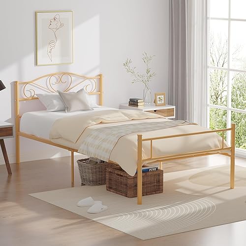 VECELO Base de cama de plataforma metálica de tamaño individual de 14 pulgadas con cabecero y estribo, base de colchón resistente con soporte de