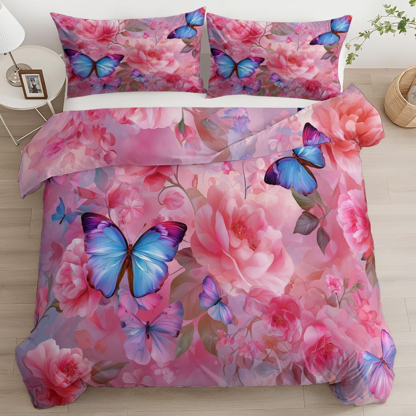 Parure de lit avec housse de couette 220x240 cm motif papillon et roses roses en microfibre