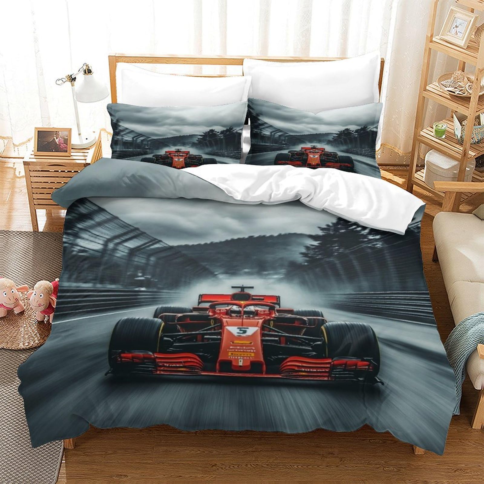 XiaopangXY Ferrariii Bedding Set with Zipper Comforter Cover 3D Printed Formula racing Quilt Cover with Pillowcase Duvet Cover Microfiber for Childrens And Adults King（220x240cm）