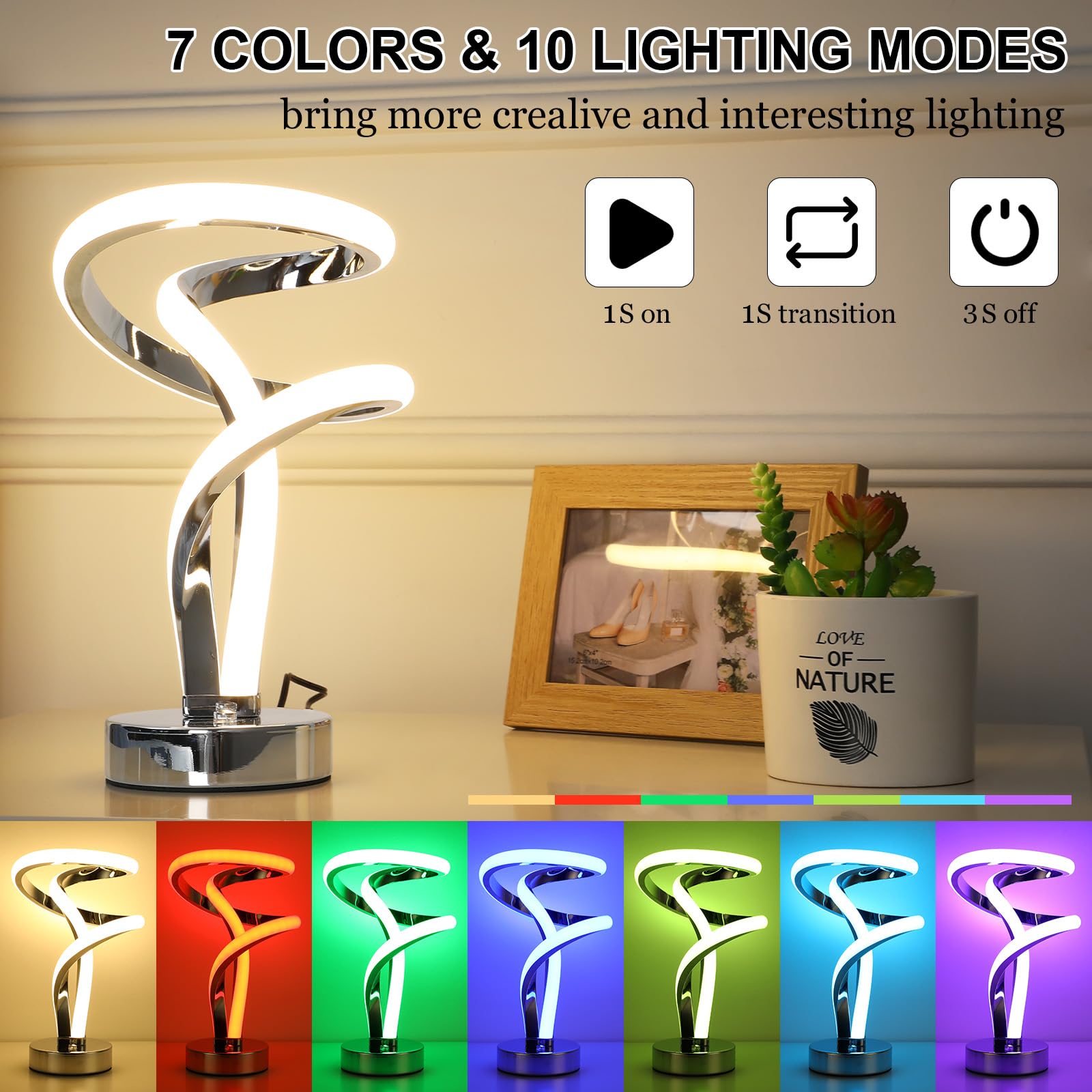 Lightess Lampade da Comodino Touch Dimmerabile, LED Lampade da Tavolo Moderna a Spirale, 10W Abat Jour da Comodino, 7 RGB 10 Modalità di Illuminazione, Luce Notturna per Camera da Letto Salotto