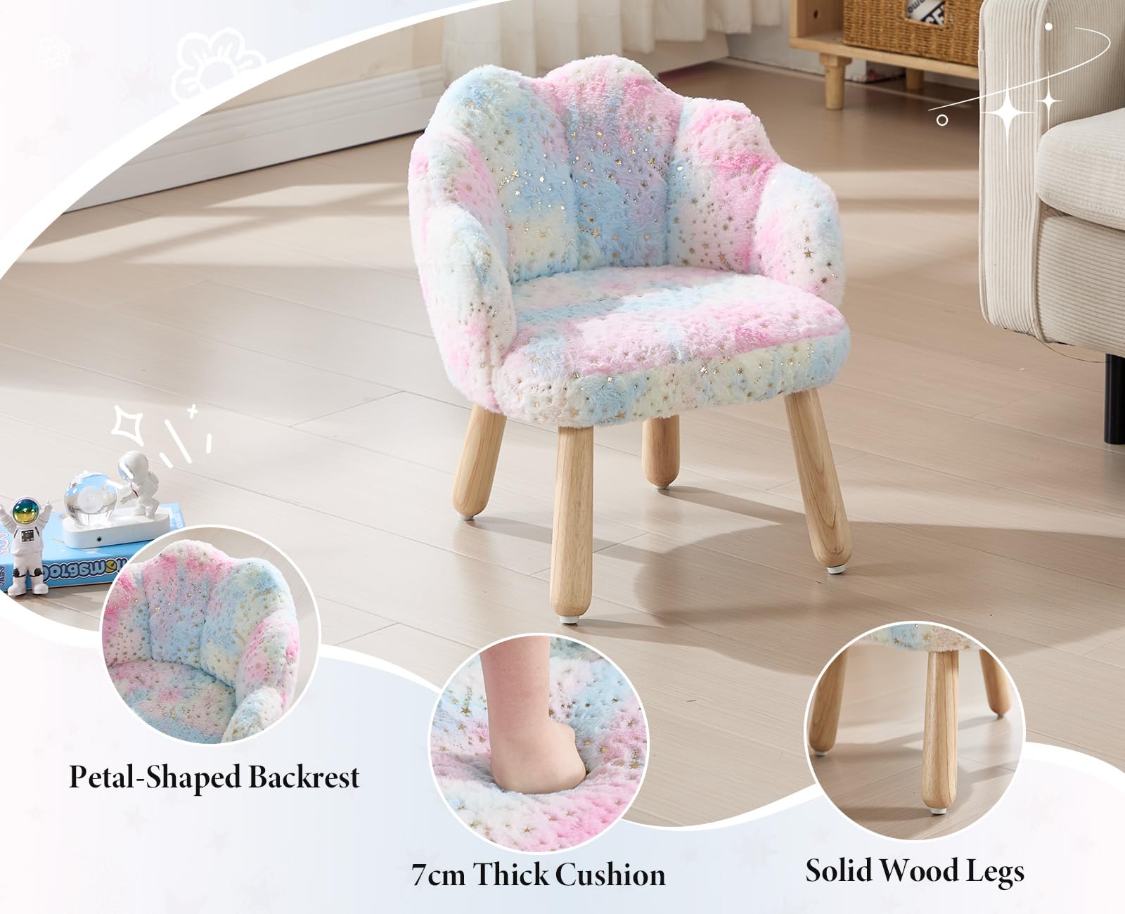 Petite Chaise Enfant Fausse Fourrure Fauteuil Fille Dossier Pétale Tabouret Pieds Bois Coloré