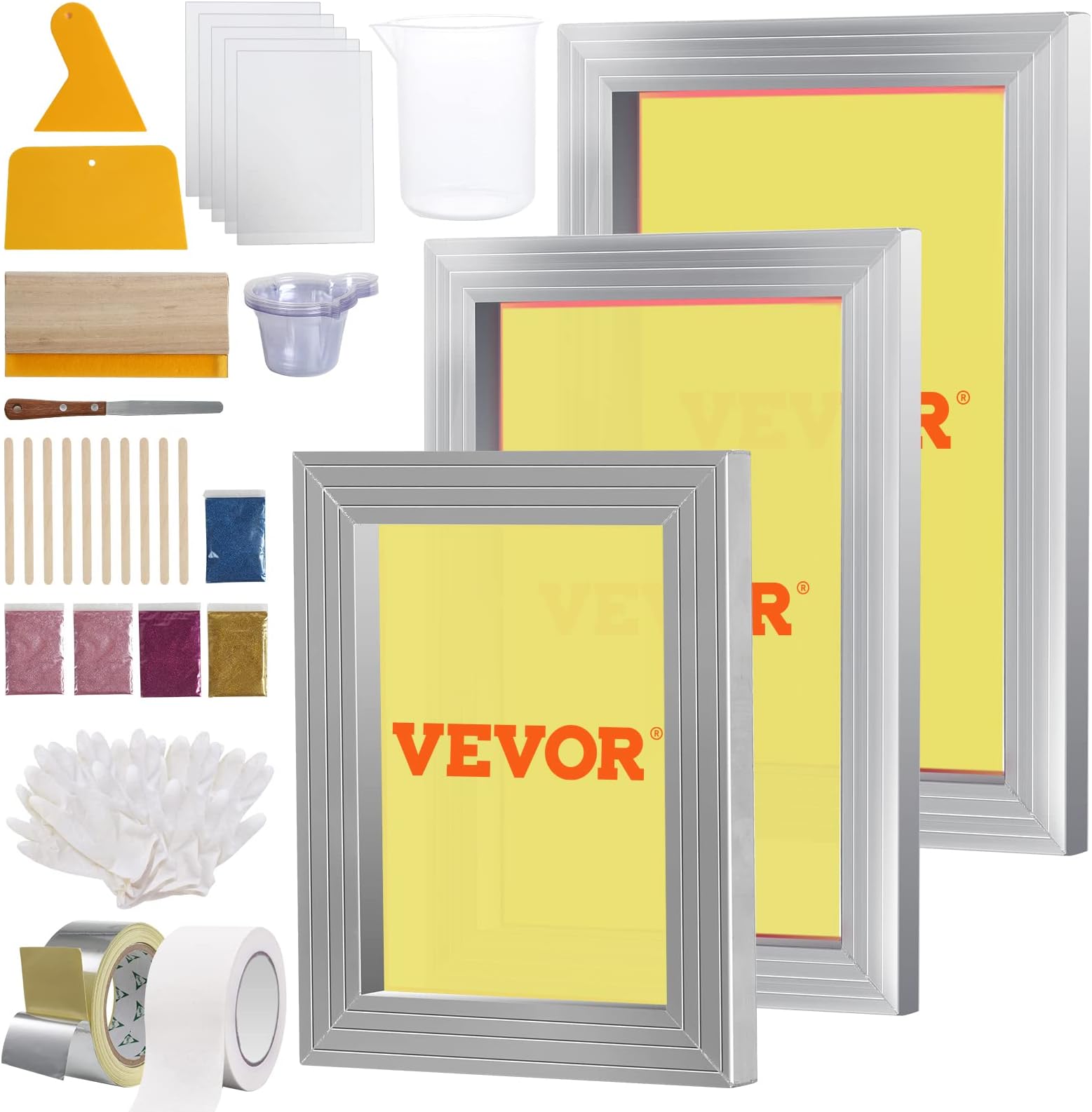 VEVOR Screen Printing Kit, 3 Pieces Aluminum Silk Screen Printing Frames 6x10/8x12/10x14inch 110 Count Mesh, 5 Glitters and Screen Printing Squeegees and Transparency Films for T-Shirts DIY Printing