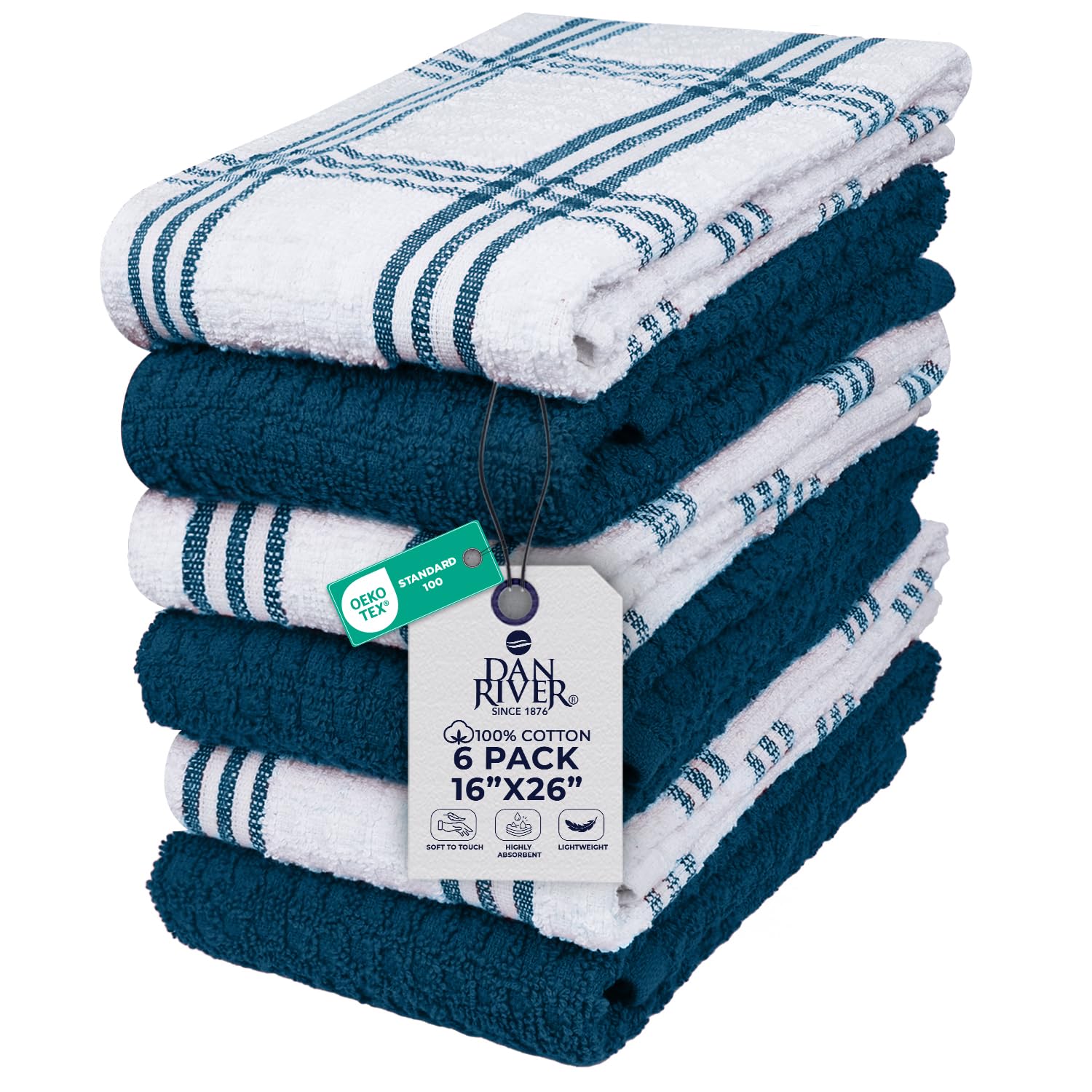 DAN RIVER Blue Opal Kitchen Towels,6 Pack,16x26 Inch Absorbent Dish Towels