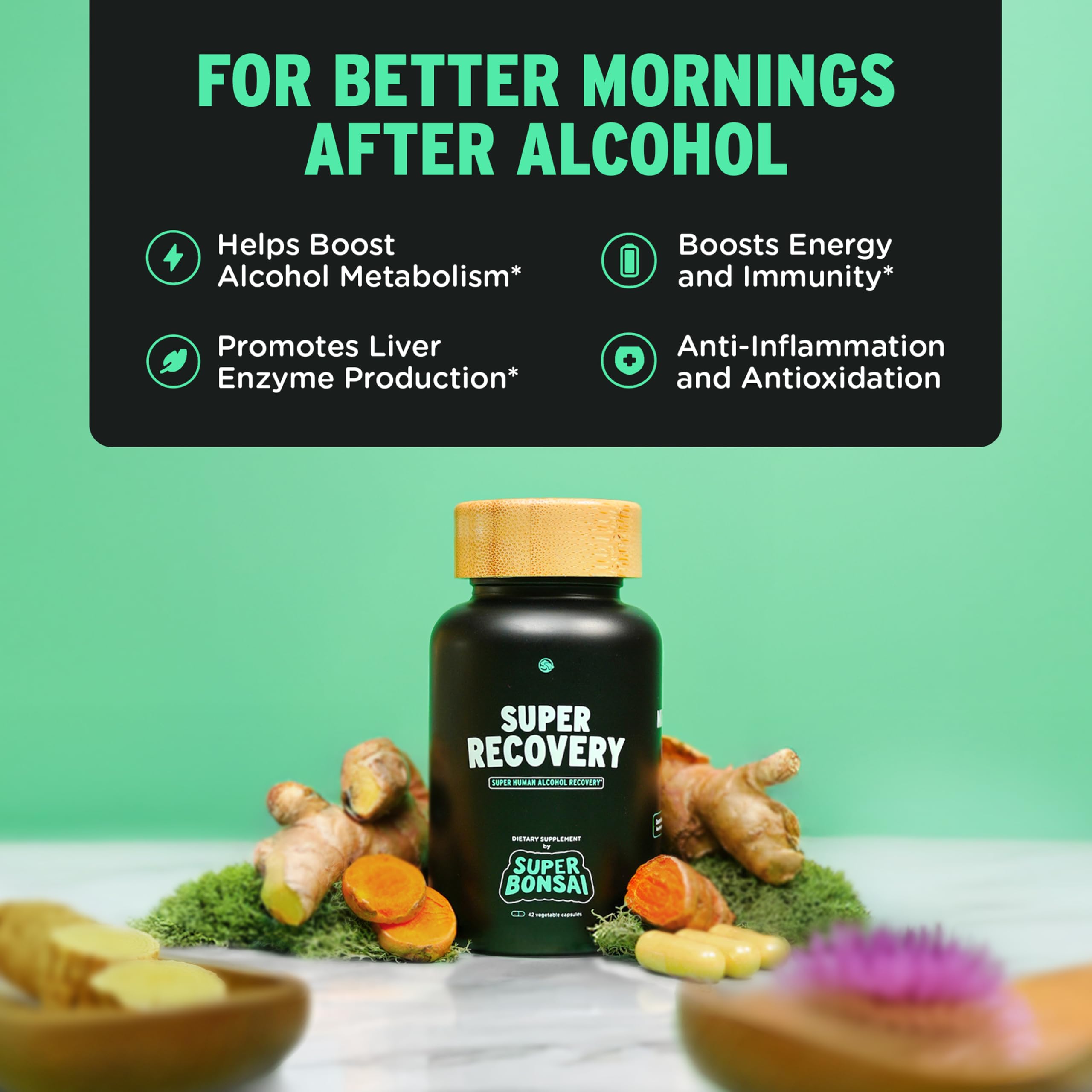 SuperBonsai Super Recovery Capsules for Post Celebration and Morning Relief - All Natural Holistic Support - 3 Capsules Taken Before Drinking and an Optional Serving After (14 Servings) — Amazon image 2