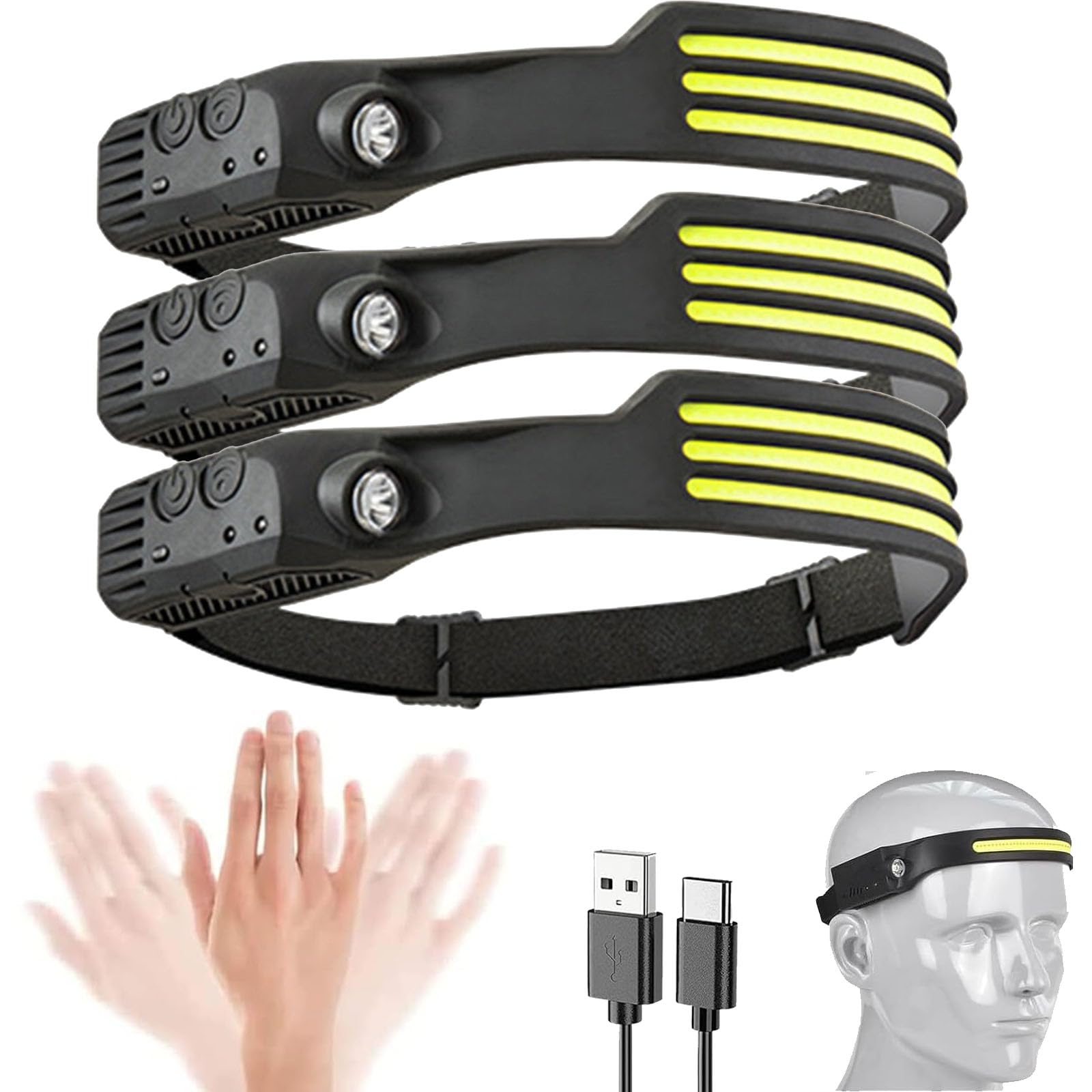 Tasber 3 Front Led Lichtleiste Head Torch, Luxelight Led Headtorch Rechargeable, Lumilight Head Torch 230° Wide Beam Headtorch, Rechargeable Waterproof Lightweight Headlamp For Running, Camping, Hunting (3, )