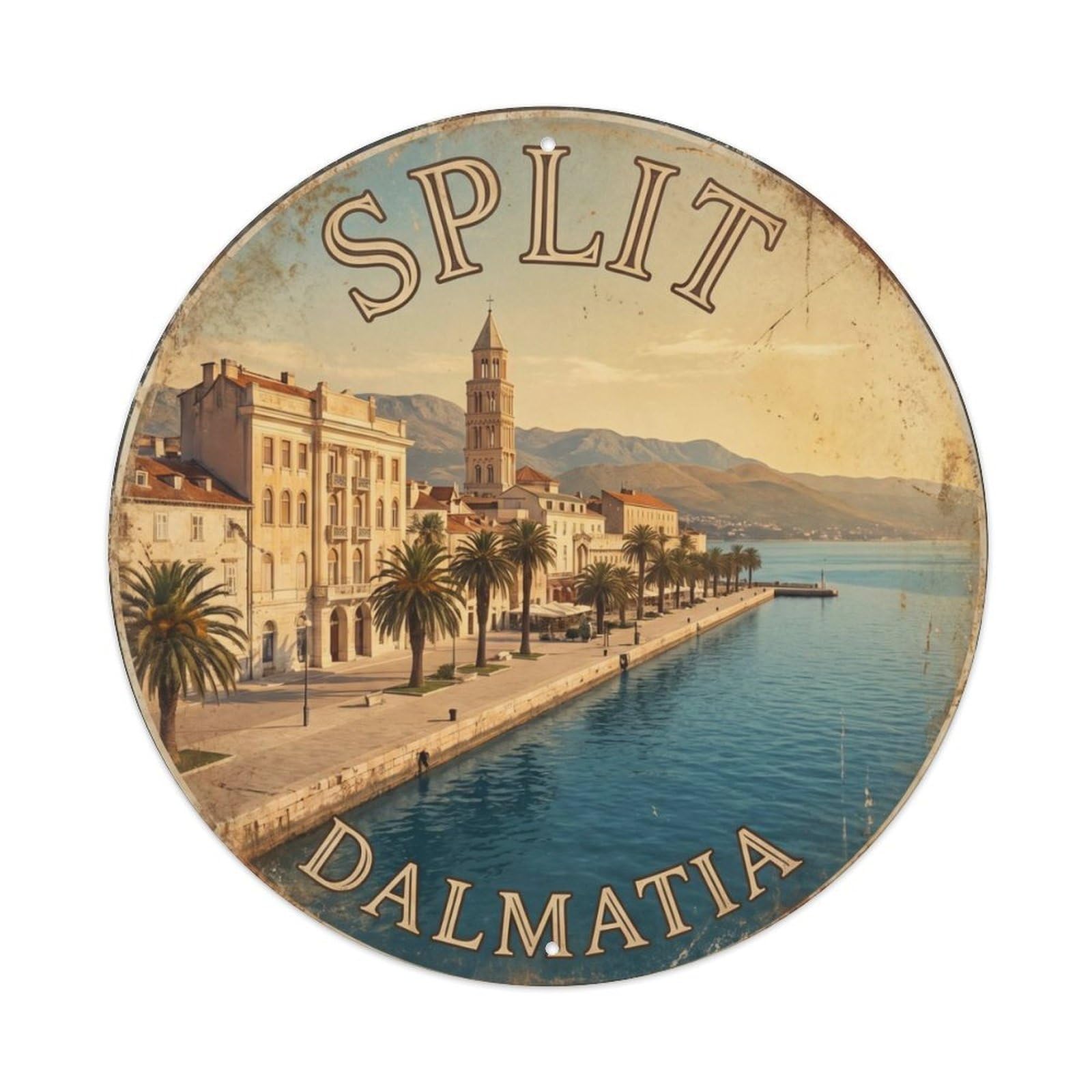 Vintage Travel Split Palace Harbor Metal Tin Sign Plaque Wall Decor for Cafe, Club Bar, Office, Home Garden Round Metal Poster 8x8Inch