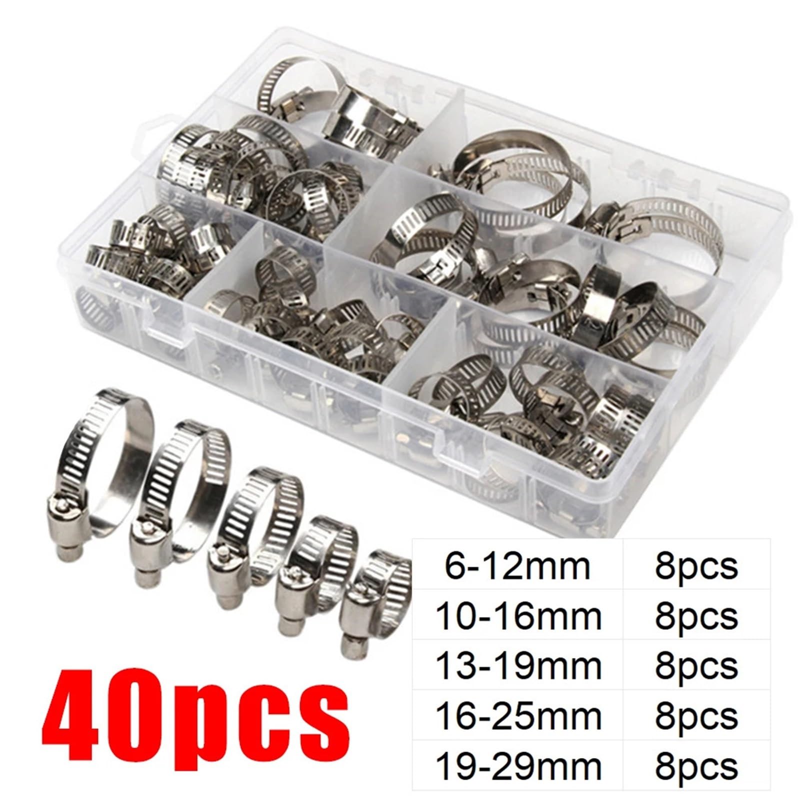 Schlauchschellen-Set, Edelstahl, verstellbar, Schneckengetriebe, Schraubband, Schlauchschelle for Rohr, Kraftstoffschlauch, Wasserhahn, Befestigungs-Sortiment(40pcs-box)
