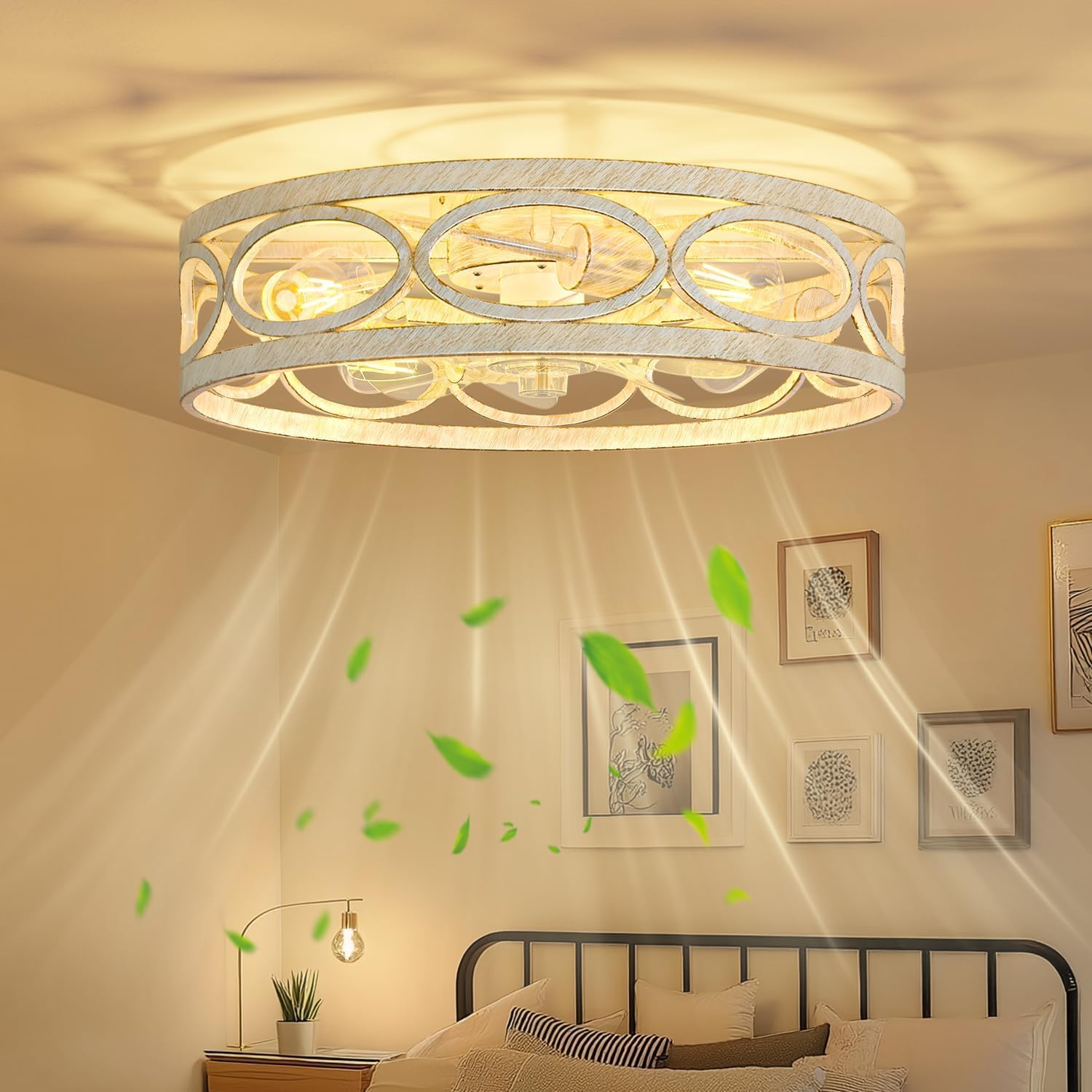 Condition photo showing New/Like New for g-safava 20" ceiling fans with lights and remote, 6 wind speeds 3 timing quiet flush mount low profile caged ceiling fan for bedroom living room kitchen, farmhouse small reversible ceiling fan, white