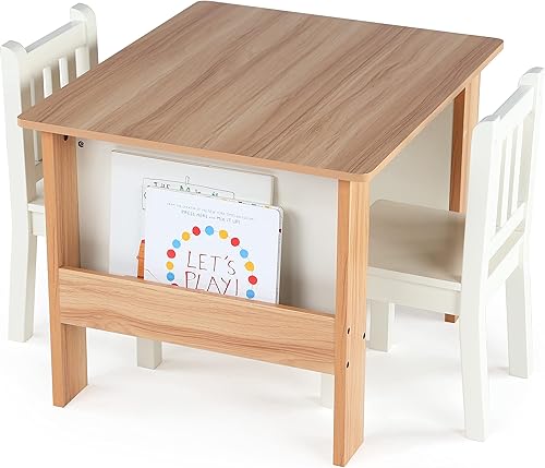 Miniatura 6 de Humble Crew Juego de mesa y 2 sillas de madera para niños con almacenamiento de libros integrado, natural/blanco, mesa de estudio y actividades para