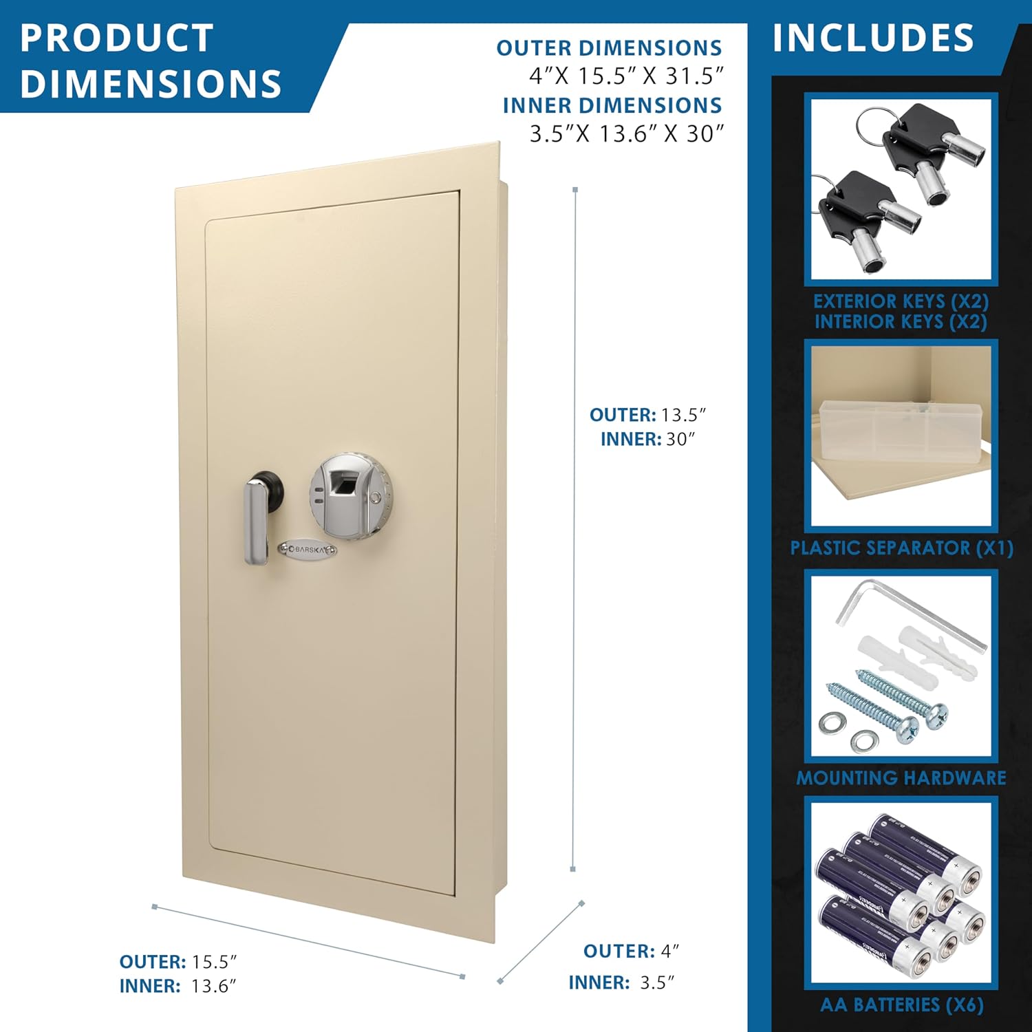 Barska Biometric Fingerprint Digital Security Hidden In Wall Safe Between Standard Wall Studs 0.83 Cu Ft - Right Opening