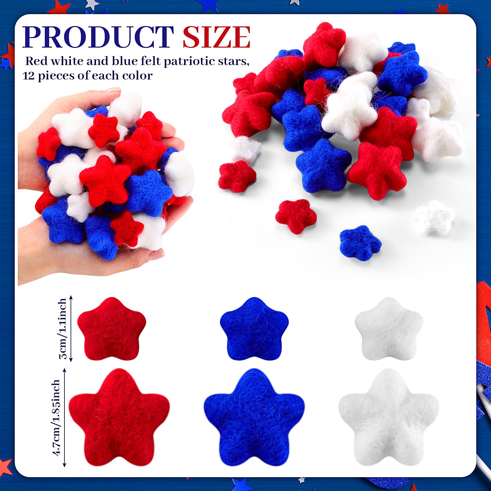 Hahafelt 36 Pcs 4th of July Red White and Blue Decorations, Felt Patriotic Star Ornaments 4th of July Independence Day Home Decor Red Blue White Stars for Vase Bowl Filler Craft Table (1.2'', 1.6'')
