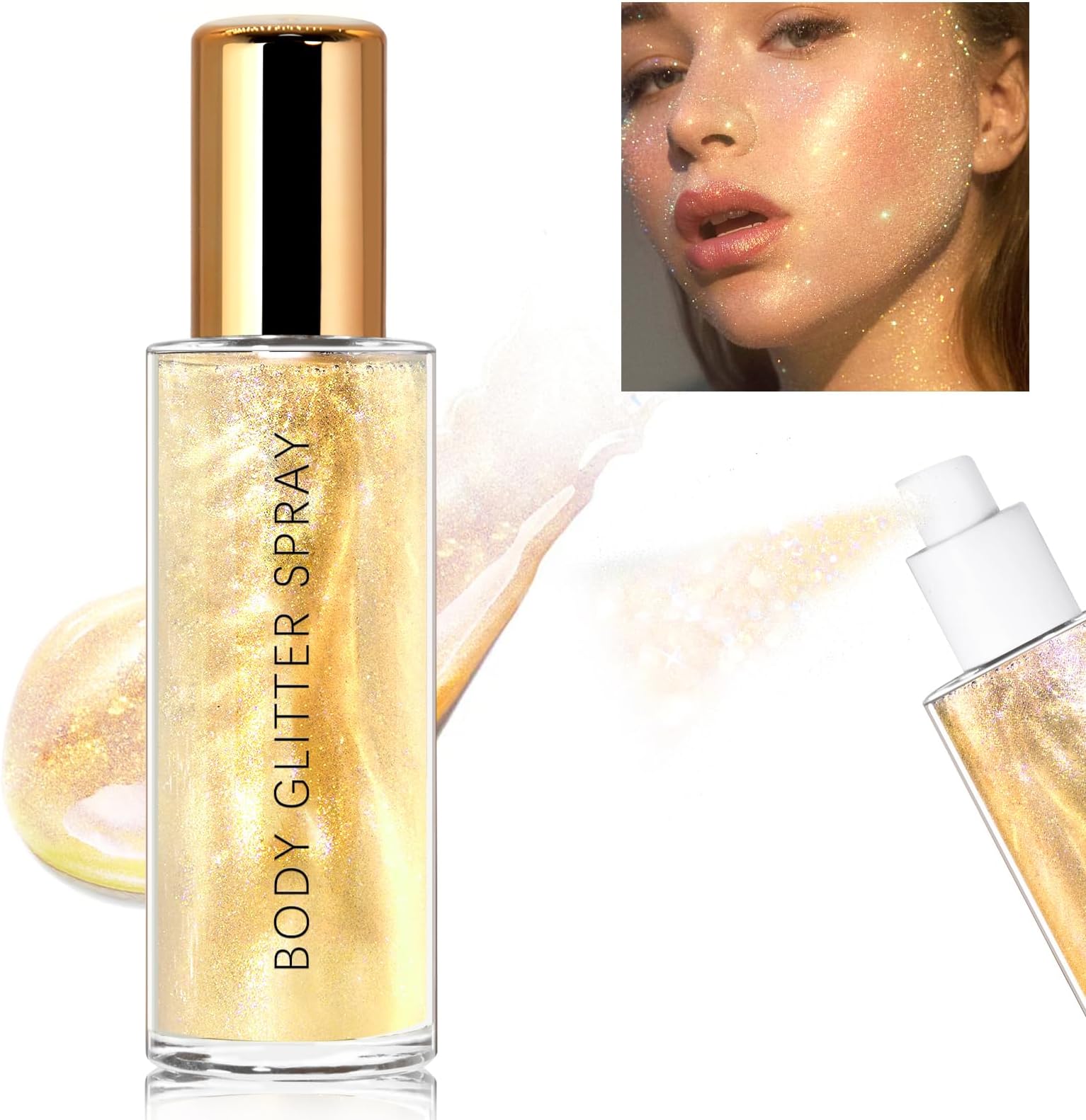 Body Glitter Spray, Moisturizing Bronze Body Shimmer Luminizer Glow Illuminator Quick-Drying and Non-Sticky Liquid Highlighter Spray for Face Hair Glitter, 60ML -Gold