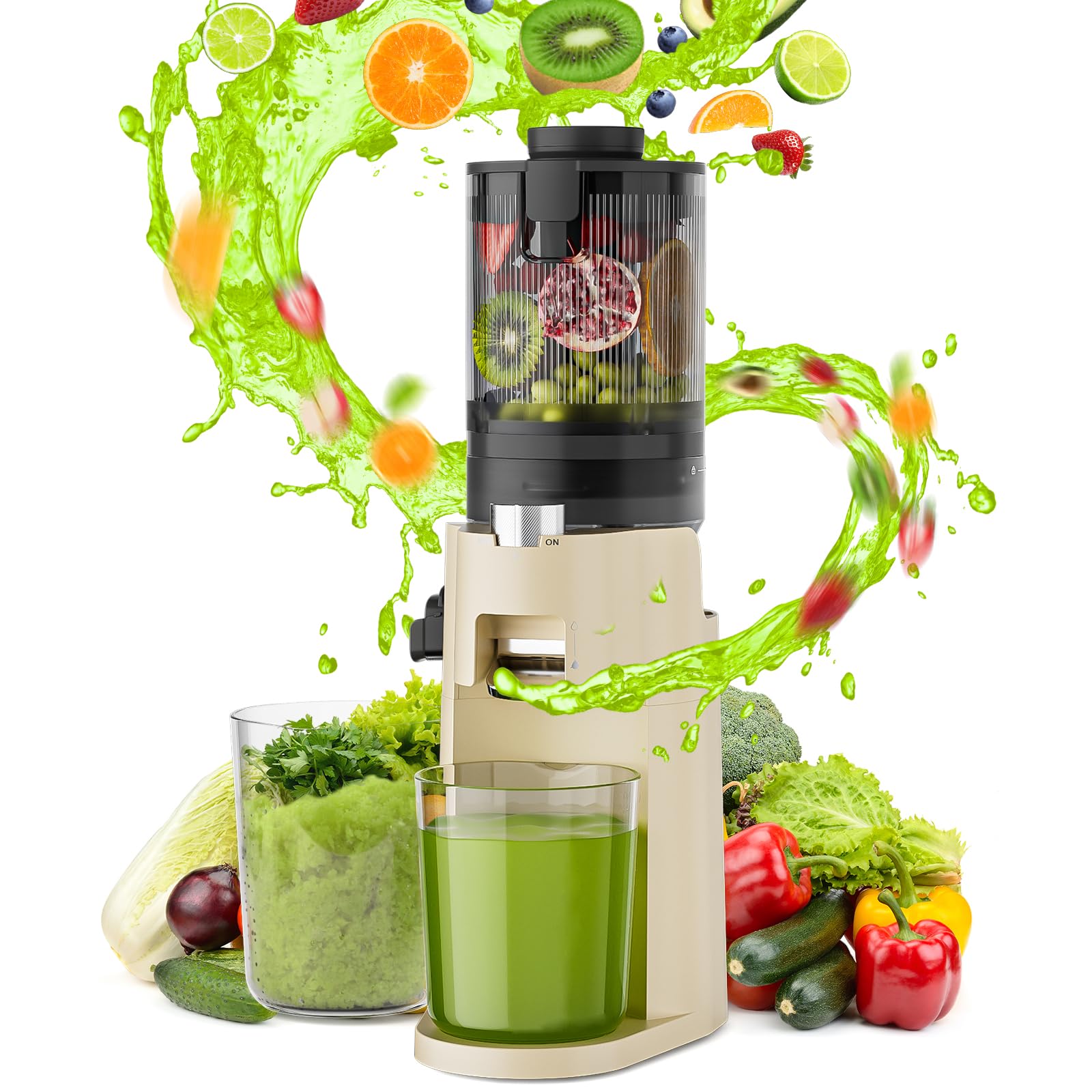 Estrattore di Succo, Slow Juicer 150W, Estrattore Frutta e Verdura, Spremiagrumi con Filtro SUS Resa Massima 40-100 giri/min, BPA Free, Sicurezza Anti-Surriscaldamento con 2 Tazze, Facile da pulire