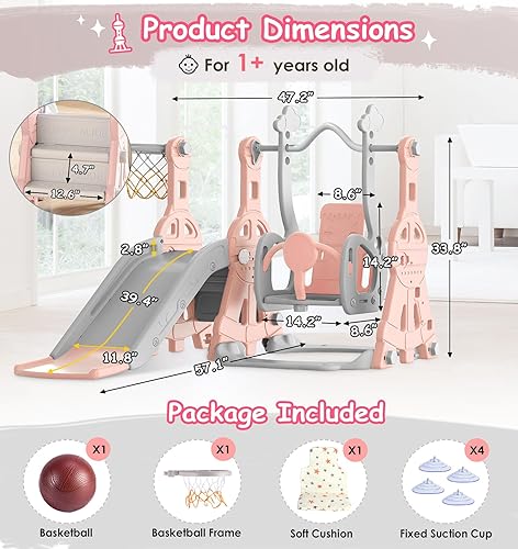 Miniatura 5 de BIERUM Juego de tobogán y columpio 4 en 1 para niños pequeños de 1 a 2 años, tobogán para bebé con aro de baloncesto, tobogán para interiores y