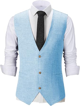 SOLOVEDRESS Mens Summer Leisure Cotton Linen Suit Vest Regular Fit Dress V Neck Waistcoat for Party and Beach
