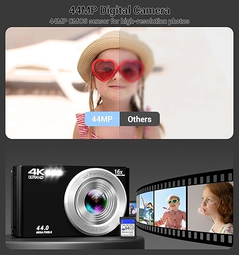 Vista 3 de Cámara digital, cámaras compactas FHD 4K con tarjeta SD de 64 GB, 2 baterías, cámara digital de viaje portátil con enfoque automático de 16X, cámara