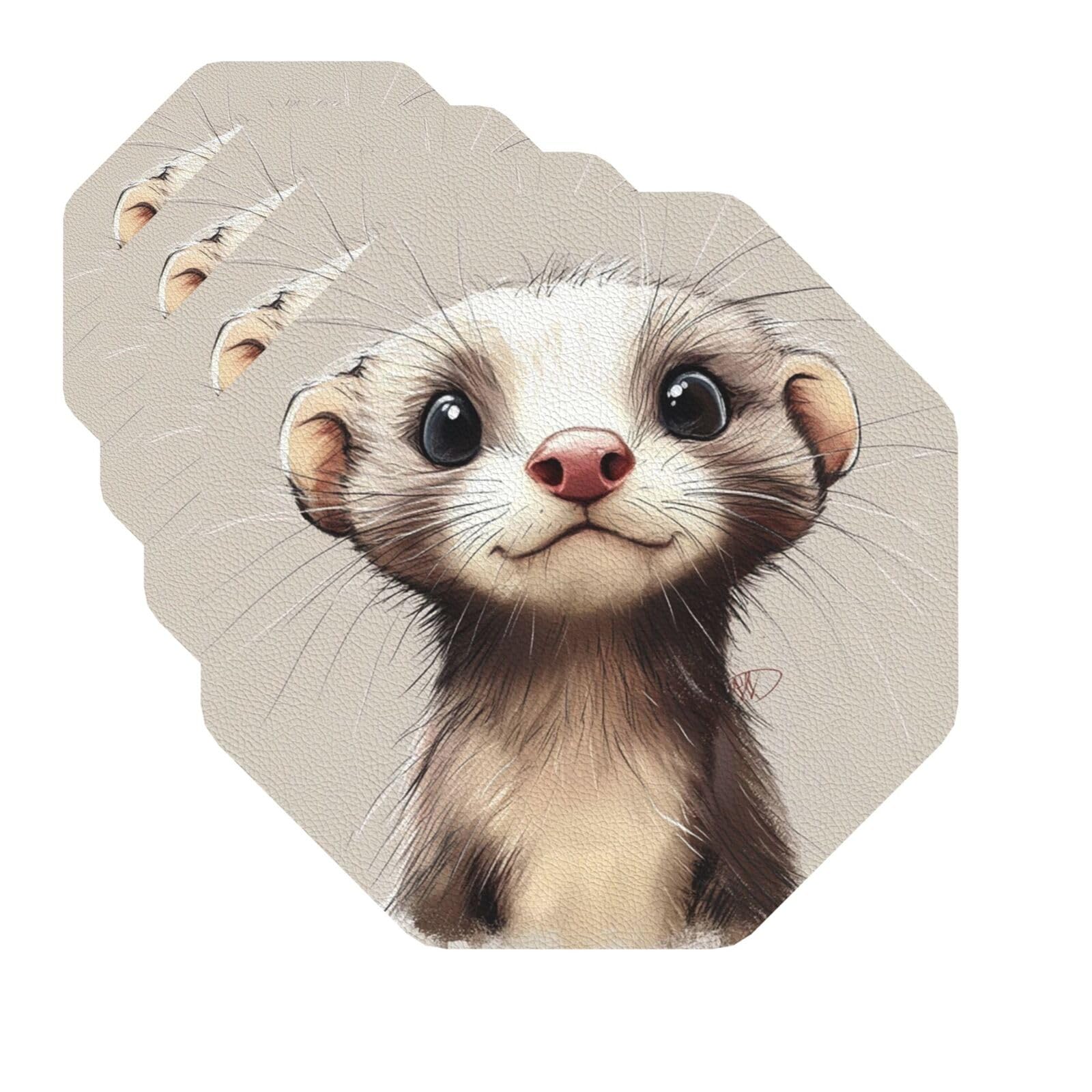 Drink Coasters Set of 4 Quick-Dry Leather Coaster Hairy Ferret Coasters for Drinks Coffee Cup Mat Tabletop Protection Heat Resistant Coaster for Kitchen Bar Office Home Decor