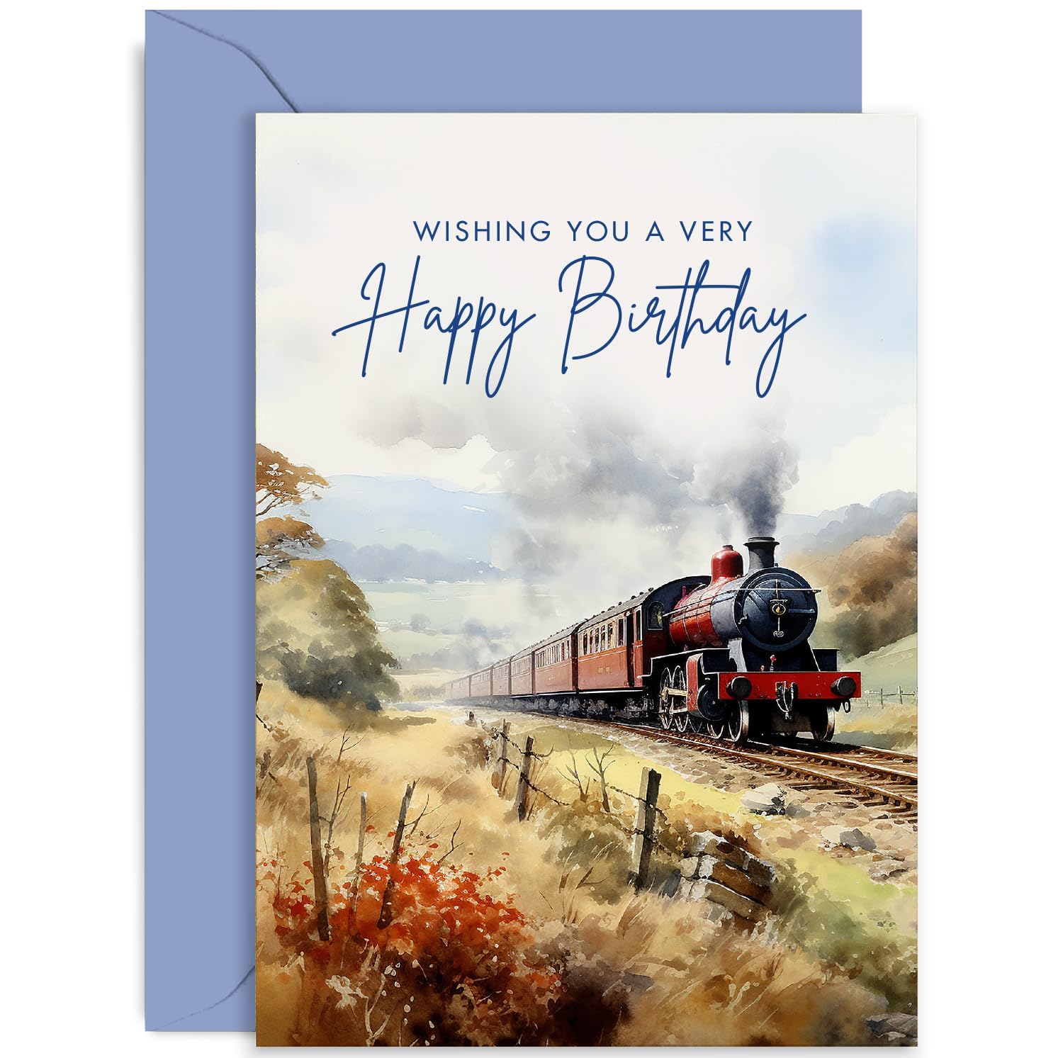 Old English Co. Artistic Birthday Card for Him - Watercolour Steam Train Countryside Birthday Card for Him - Traditional Birthday Card for Men,