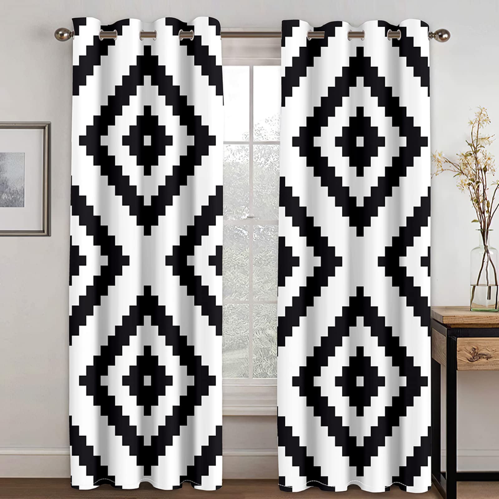 Black and White Geometric Curtains for Bedroom Living Room, Blackout Curtains 90 Drop - Thermal Insulated Eyelet Drapes, Patterned Window Treatments, 46x90 Inch (W X L), 2 Panels