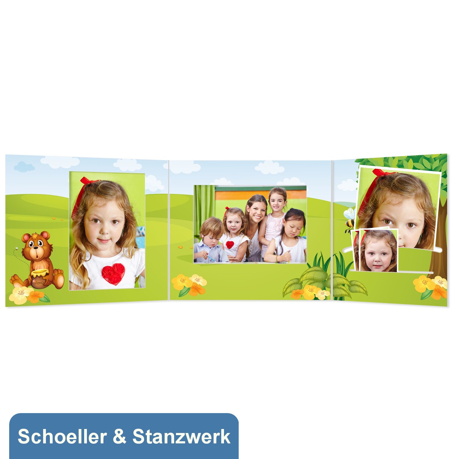 Schoeller & Stanzwerk© - 25 Stück 3-teilige Portraitmappe Kinder/Schulfotomappe für 13x18 cm Fotos - mit farbigem Druck "Honigbär"