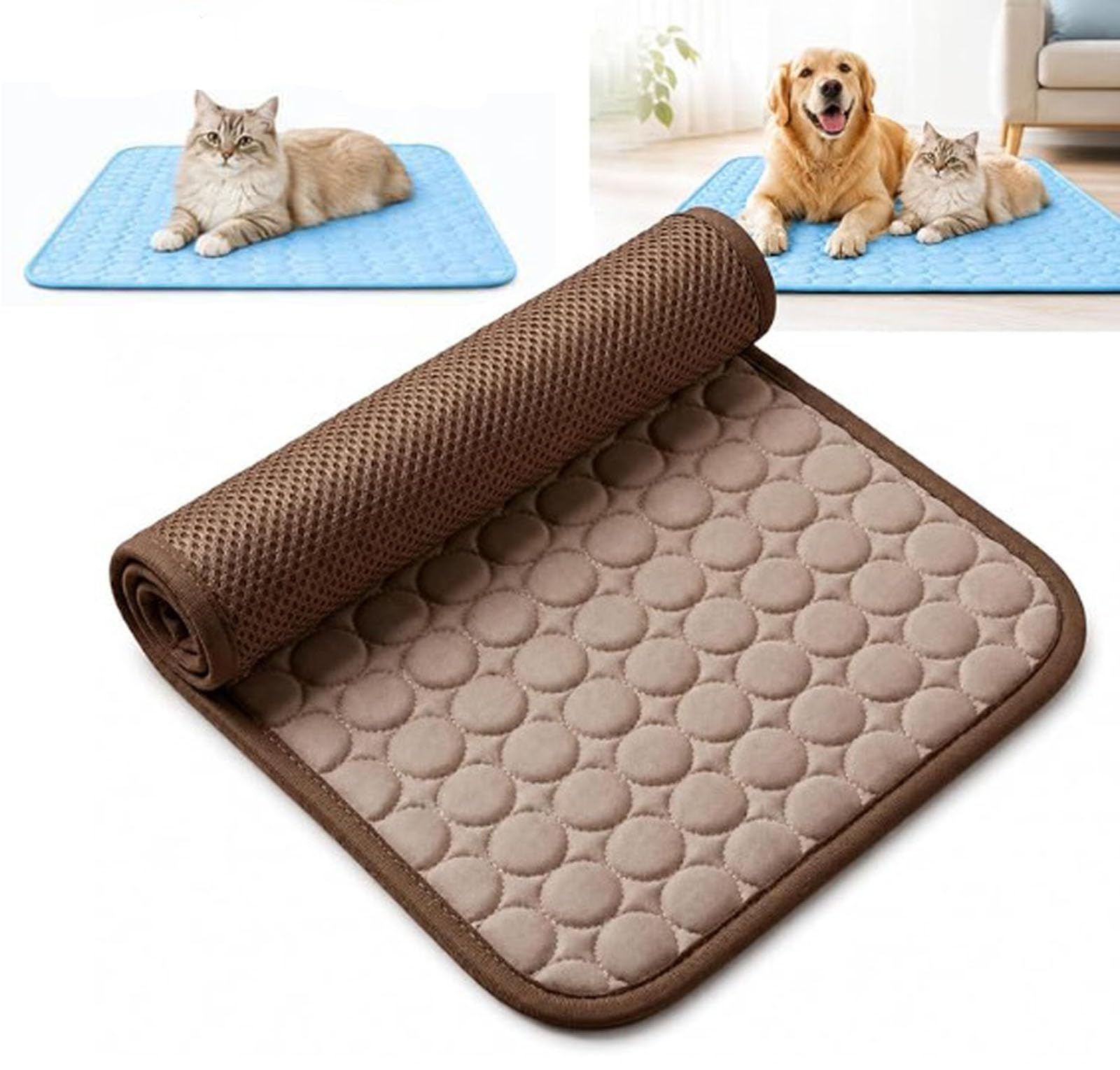 Self-Cooling Mat for Dogs & Cats, Thin Cooling Blanket Dog Summer Dog Mat Bed Cooling Blanket Non-Slip Cooling Pad Portable Washable Pet Cooling Mat for Home, Outdoors, Car, Travel (Brown, 100*70cm)