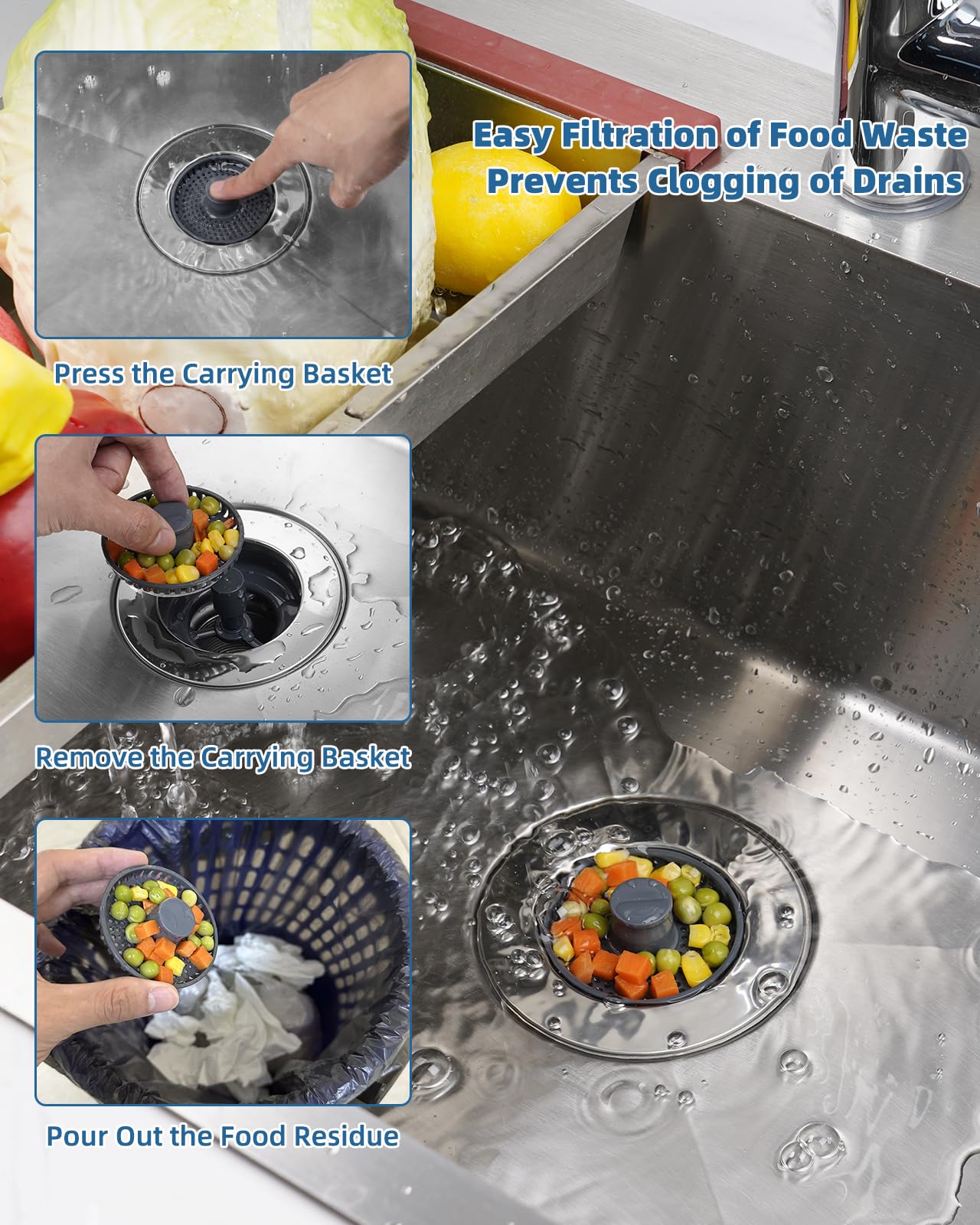 iFealClear Upgraded Kitchen Sink Strainer and Plug Set, 3-in-1 Drain Stopper + Stainless Wrapped Shell - Image 2