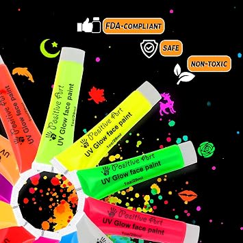 UV Face & Body Paint Kit 12 Neon Colors (1 oz Each) + 60 Stencils & 3 Brushes | Blacklight Glow Paint, Safe & Washable Body Art for Festivals, Clubs & Parties