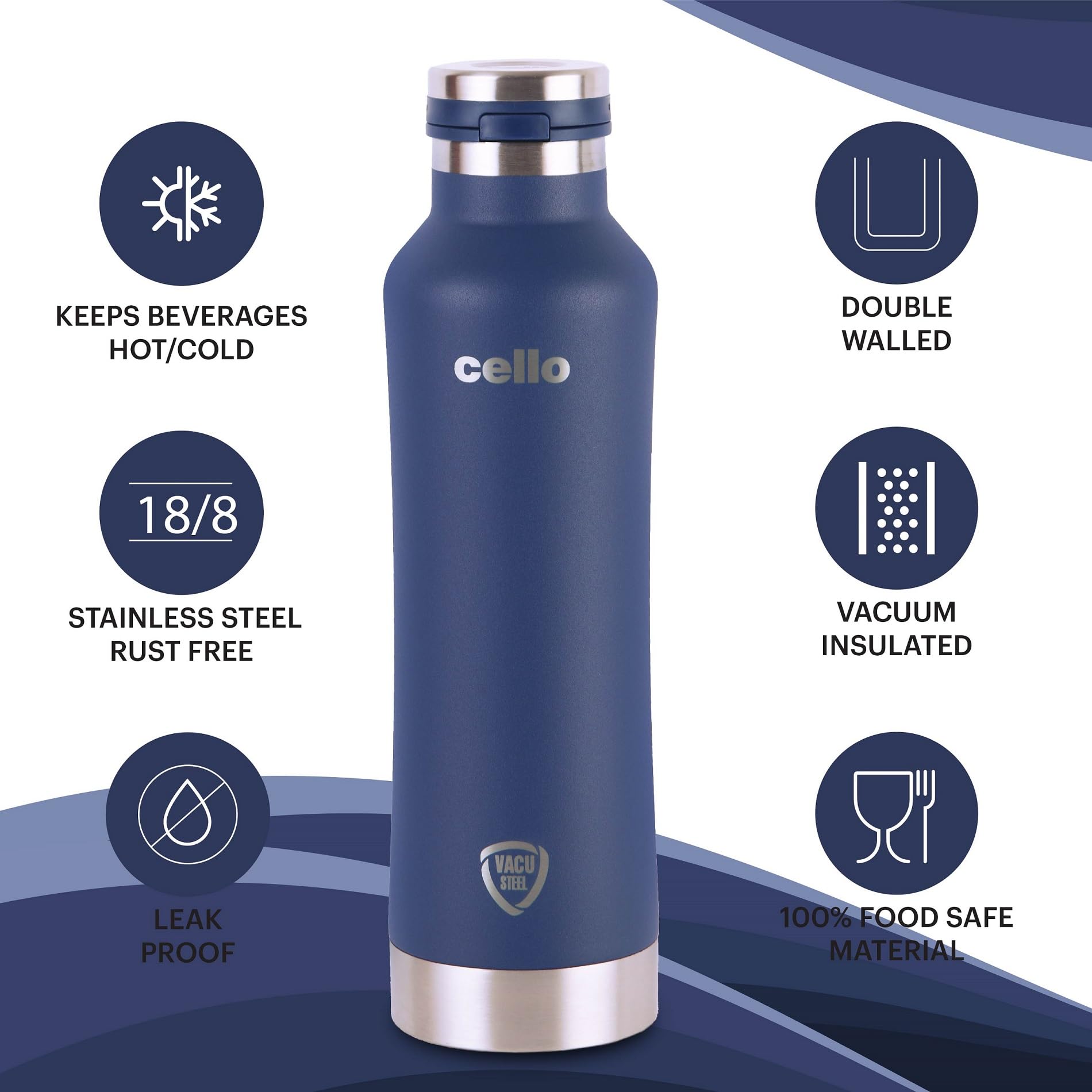 Cello Duro One Touch izolowana butelka na wodę ze stali nierdzewnej, trwała powłoka DTP, izolowana próżniowo butelka na podróż, do domu, biura, szkoły, 1000 ml, niebieska