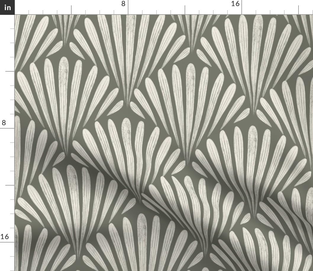 Spoonflower Fabric - Geometric Art Deco Cream Green Gray Shell Fans Traditional Olive Printed on Petal Cotton Fabric Fat Quarter - Sewing Quilting Apparel Crafts Decor