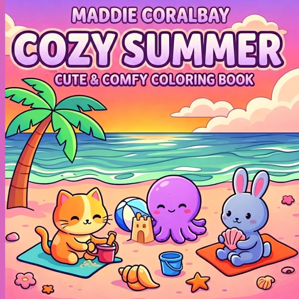 COZY SUMMER: Coloring Book |Cute Coastal Kawaii Animals | Bold & Easy | Stress Relief | Adults