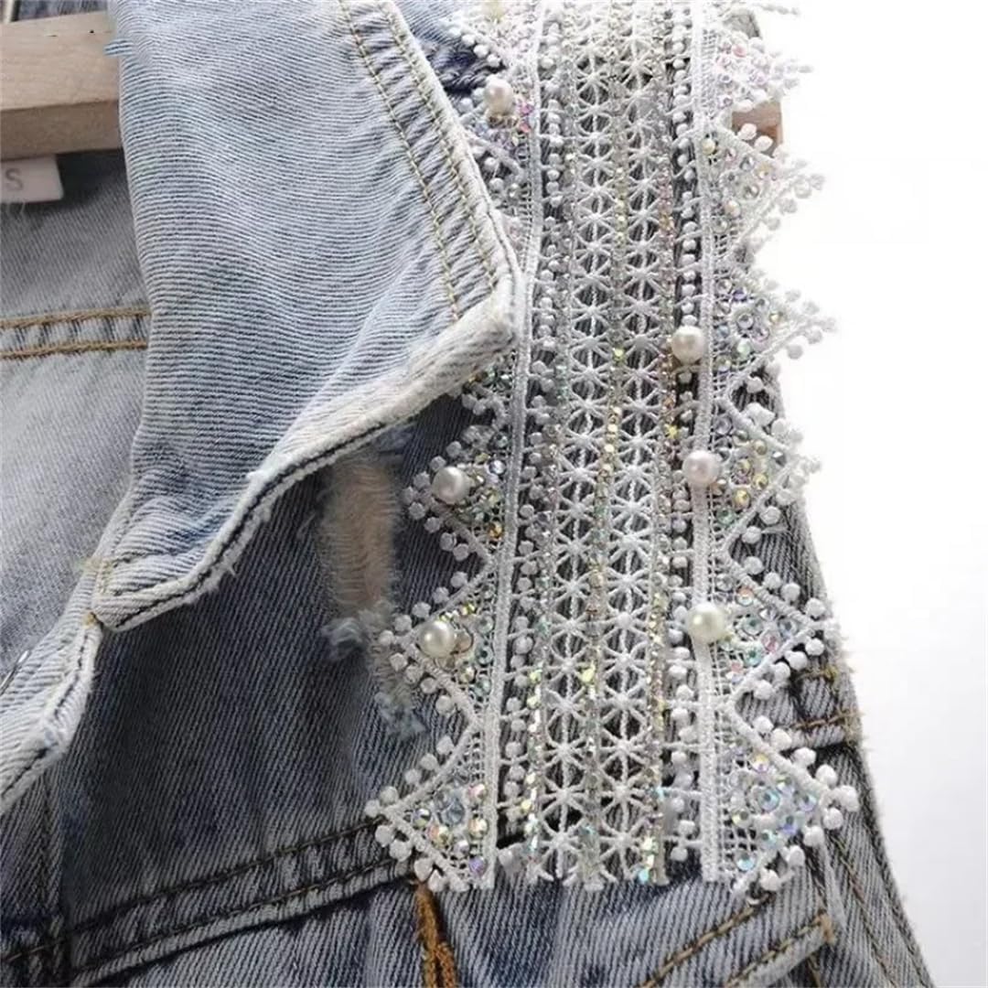 Women Lace Beaded Denim Vest Cardigan Sleeveless Jacket Loose Jeans Waistcoat