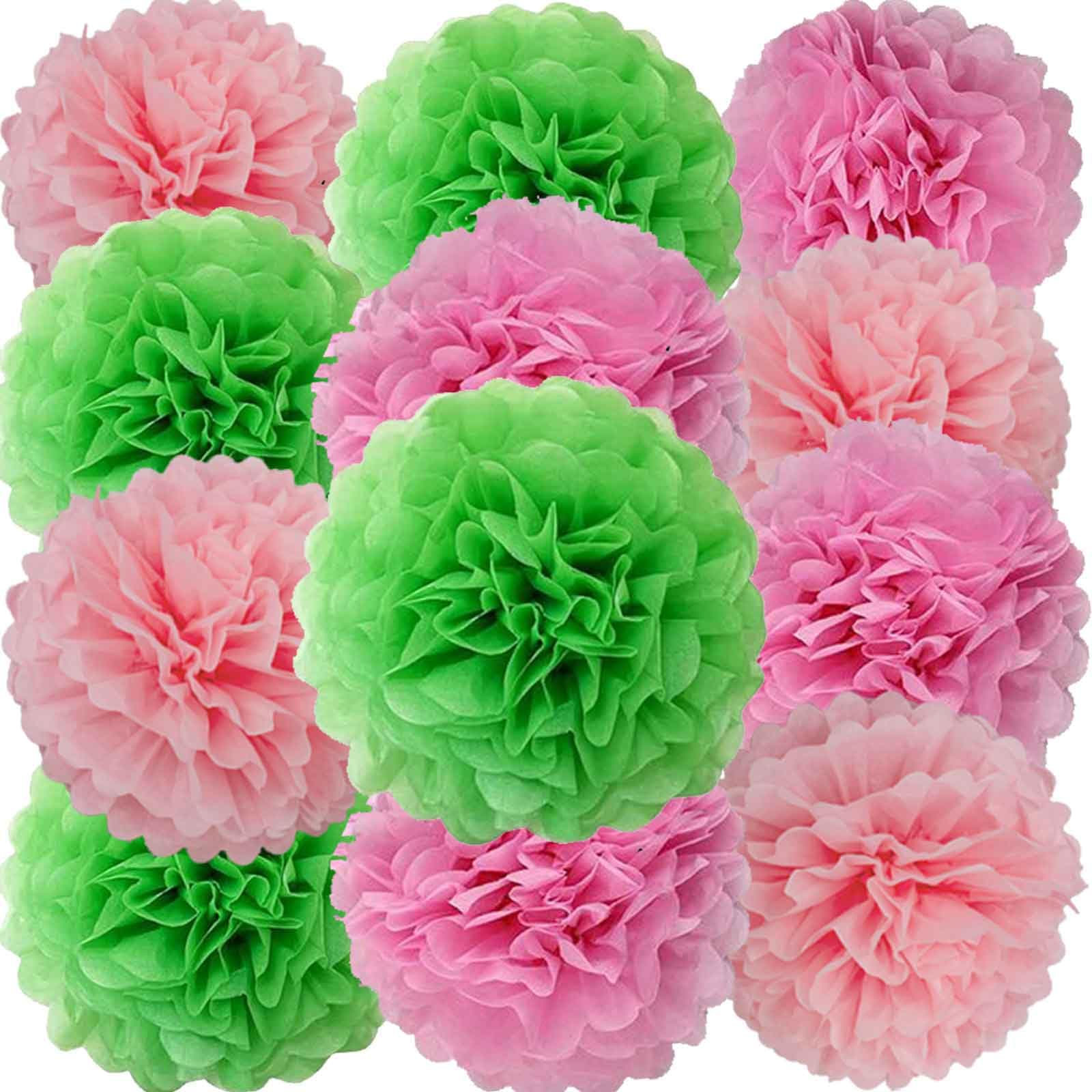 We Moment Green Pink Light Pink Paper Pom Poms Flowers for Birthday Party Decoration - Ceiling Wall Hanging Tissue Flowers - 12pcs 3 Colors