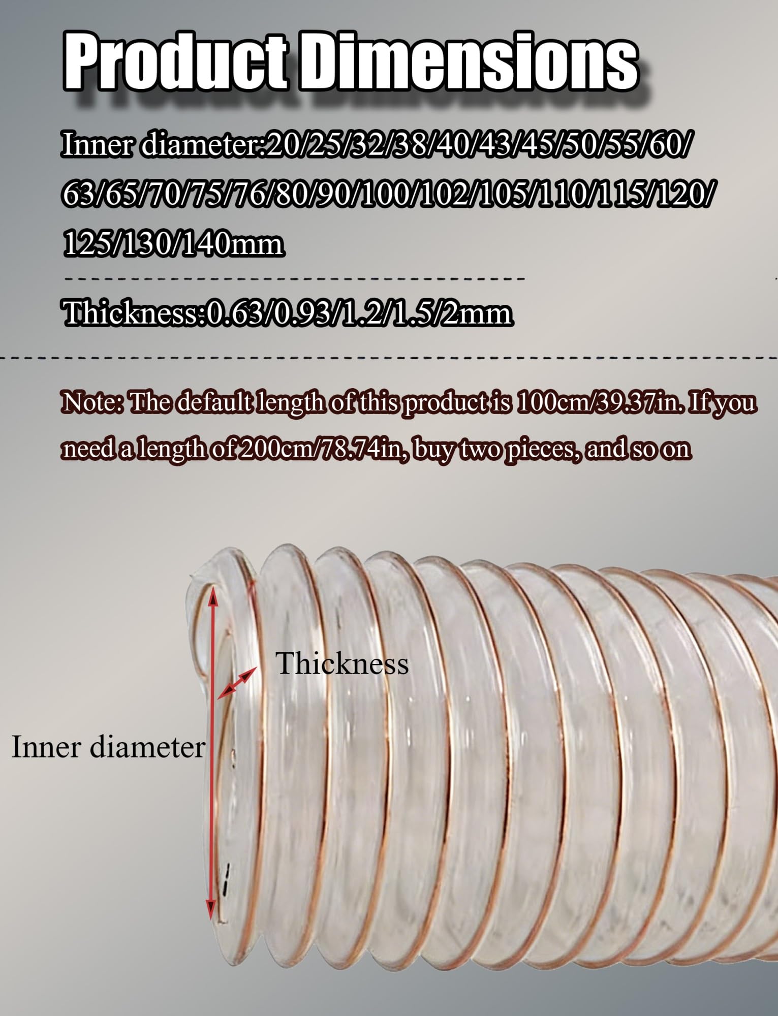 Manguera flexible de poliuretano | 125 mm de diámetro y 2 mm de grosor | Tubo de extracción de polvo transparente para carpintería industrial Equint y sistemas de vacío