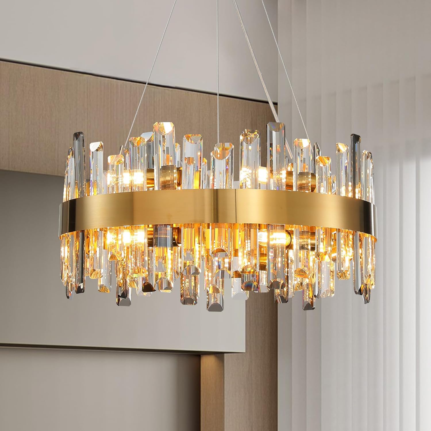 Modern Crystal Chandeliers, D19.6" Gold Round Chandelier For Dining Room, 12-Light Hanging Ceiling Light, K9 Crystal Pendant Light Fixtures,2-Tiers Chandelier For Over Table Entryway Kitchen Island
