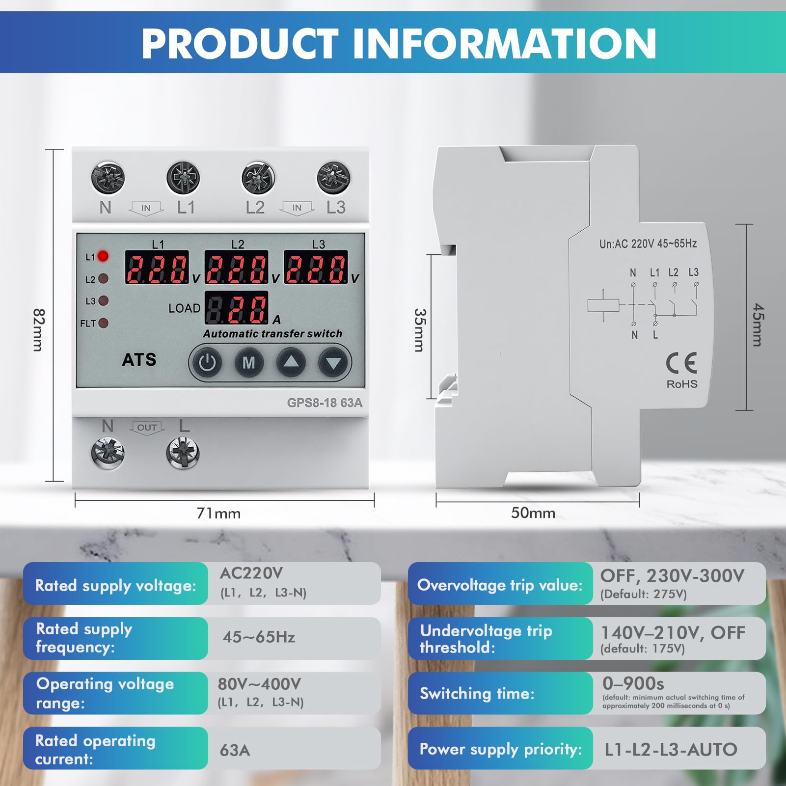 Interruttore di Trasferimento Automatico Trifase AC220V Commutatore 3 Posizioni Display Digitale LED Protezione da Sovratensione Sottotensione Sovracorrente per generatori fotovoltaici di rete GPS8-18