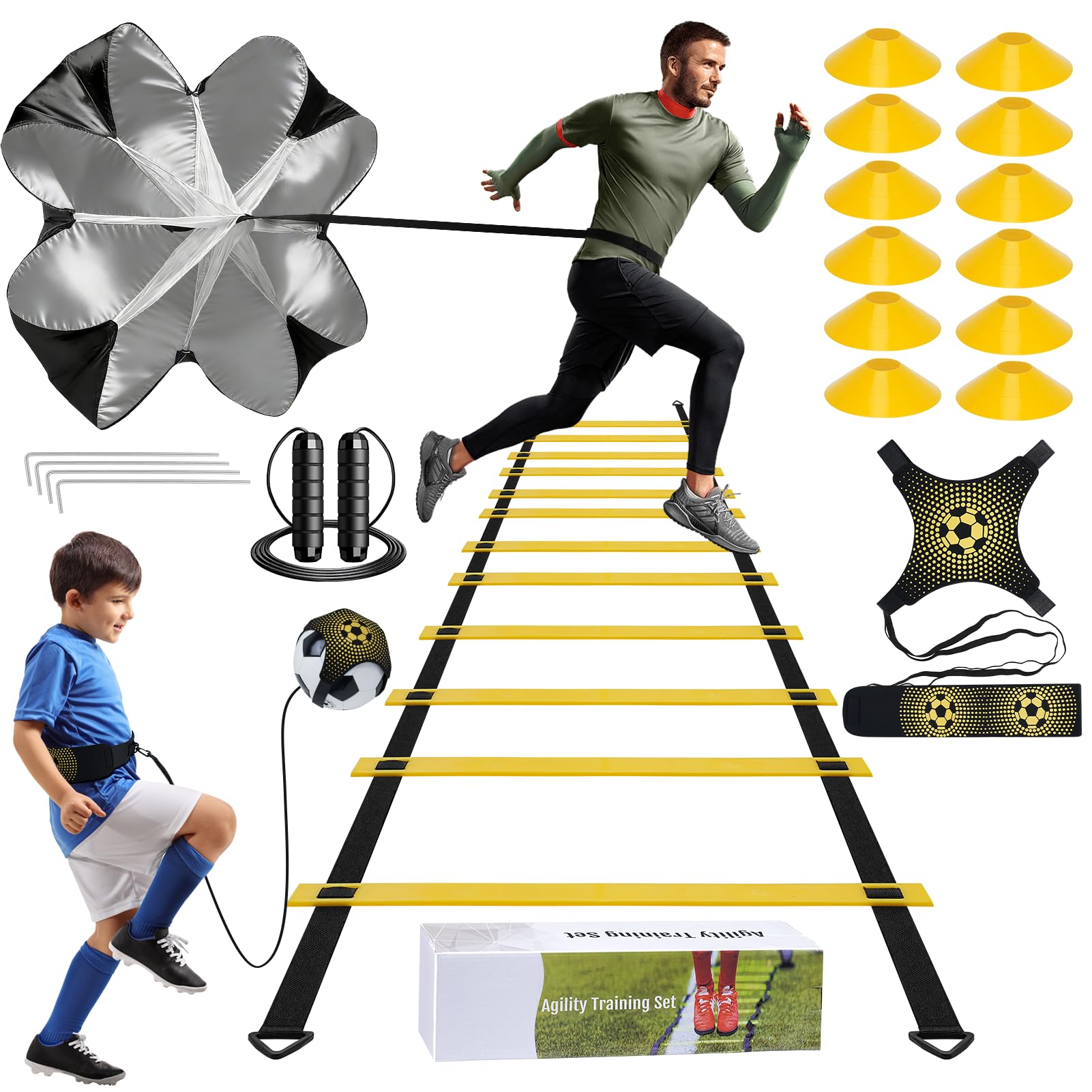 Kit Entrenamiento Futbol Juego Escalera de Agilidad 6 m 12 Peldaños con 12 Conos, 4 Estacas, Paracaídas en Marcha, Fútbol Kick Throw Trainer para Niños y Adulto para Entrenamiento
