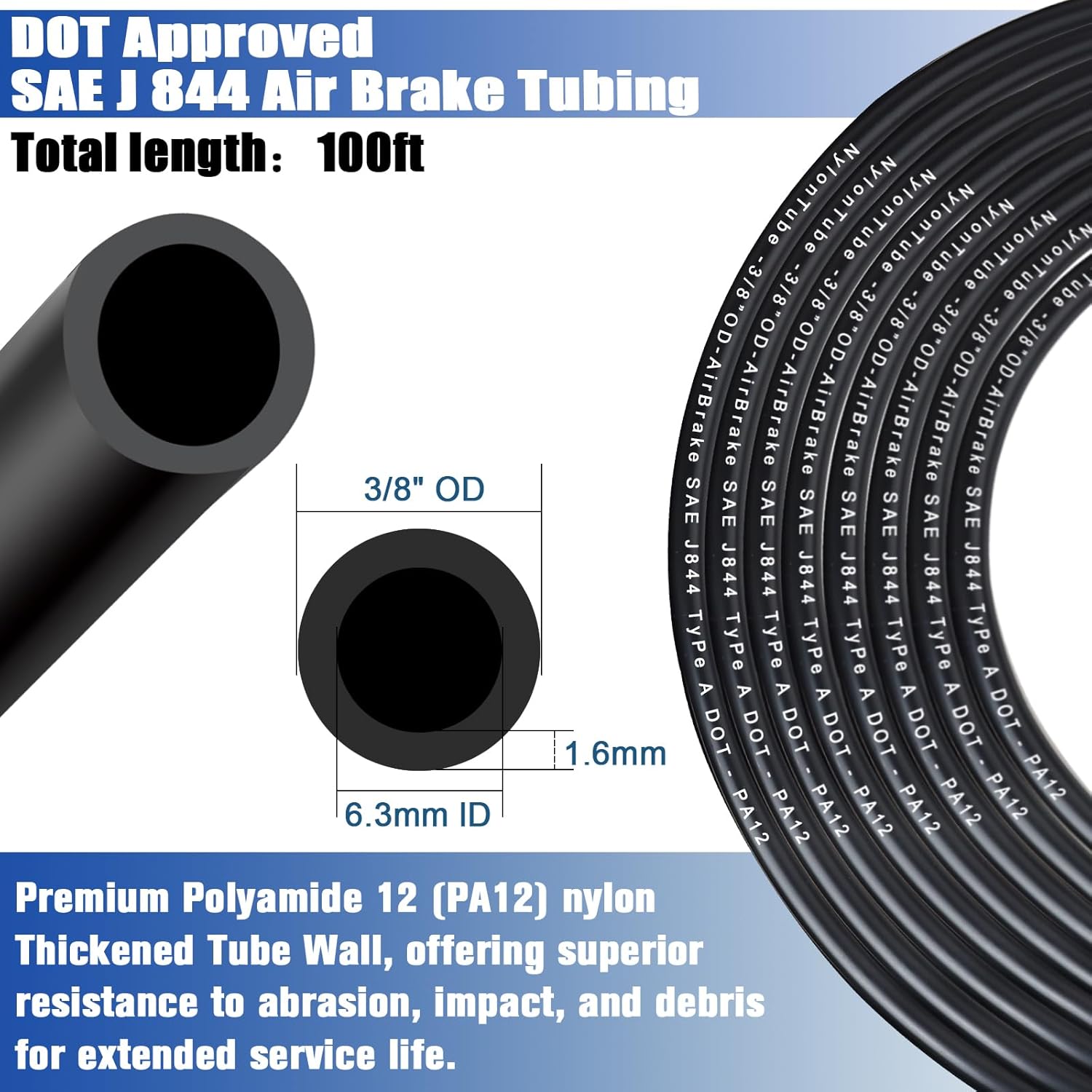 3/8" OD x 100FT DOT Air Line Black SAE J 844 PA12 Nylon Air Brake Tubing with Cutter and Teflon Tape, Pneumatic Nylon Air Line Hose for Semi Truck Trailer Air Brake System & Fluid Transfer